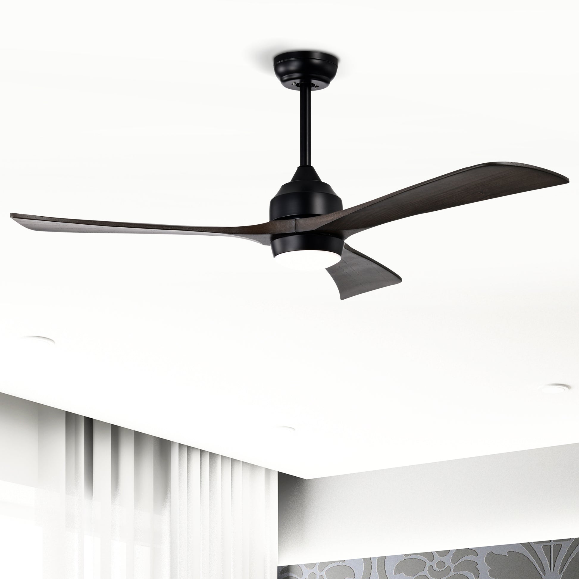 Modern black ceiling fan with dark wood blades and integrated LED light