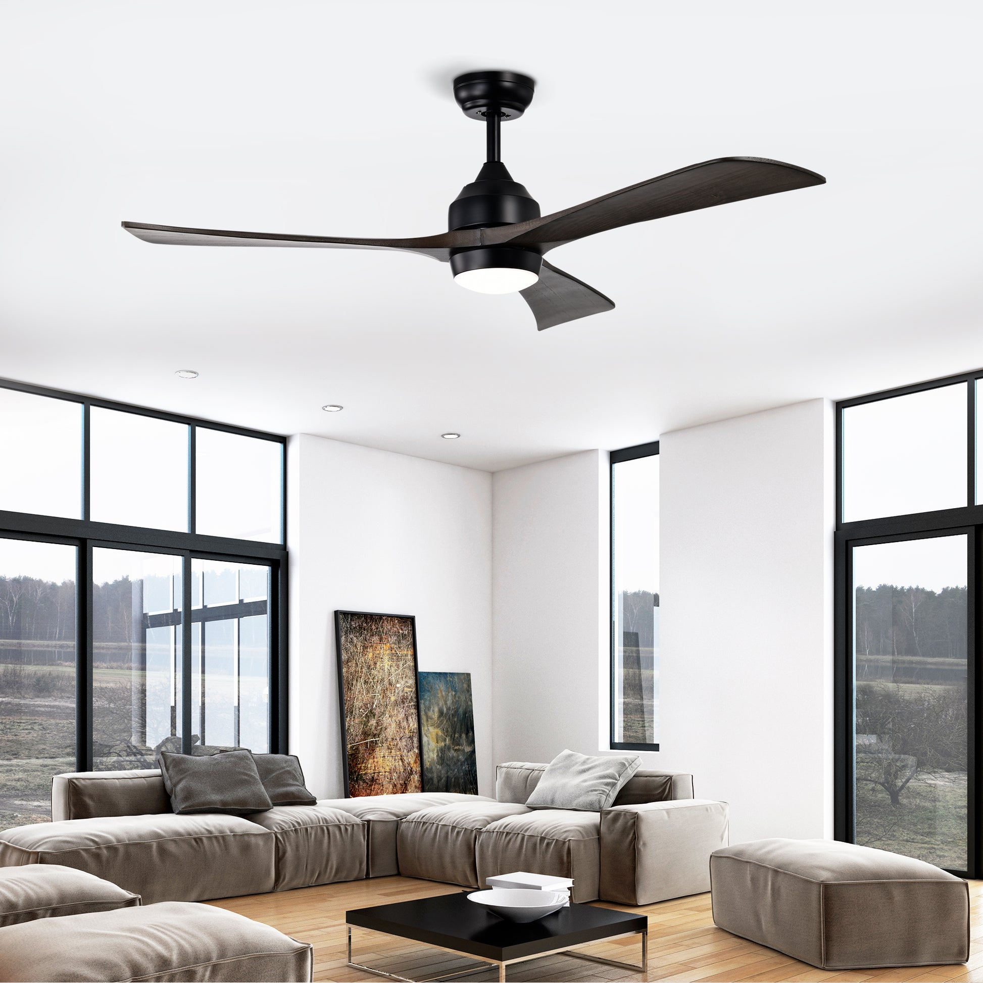 Modern black ceiling fan with three dark wood blades and integrated LED light