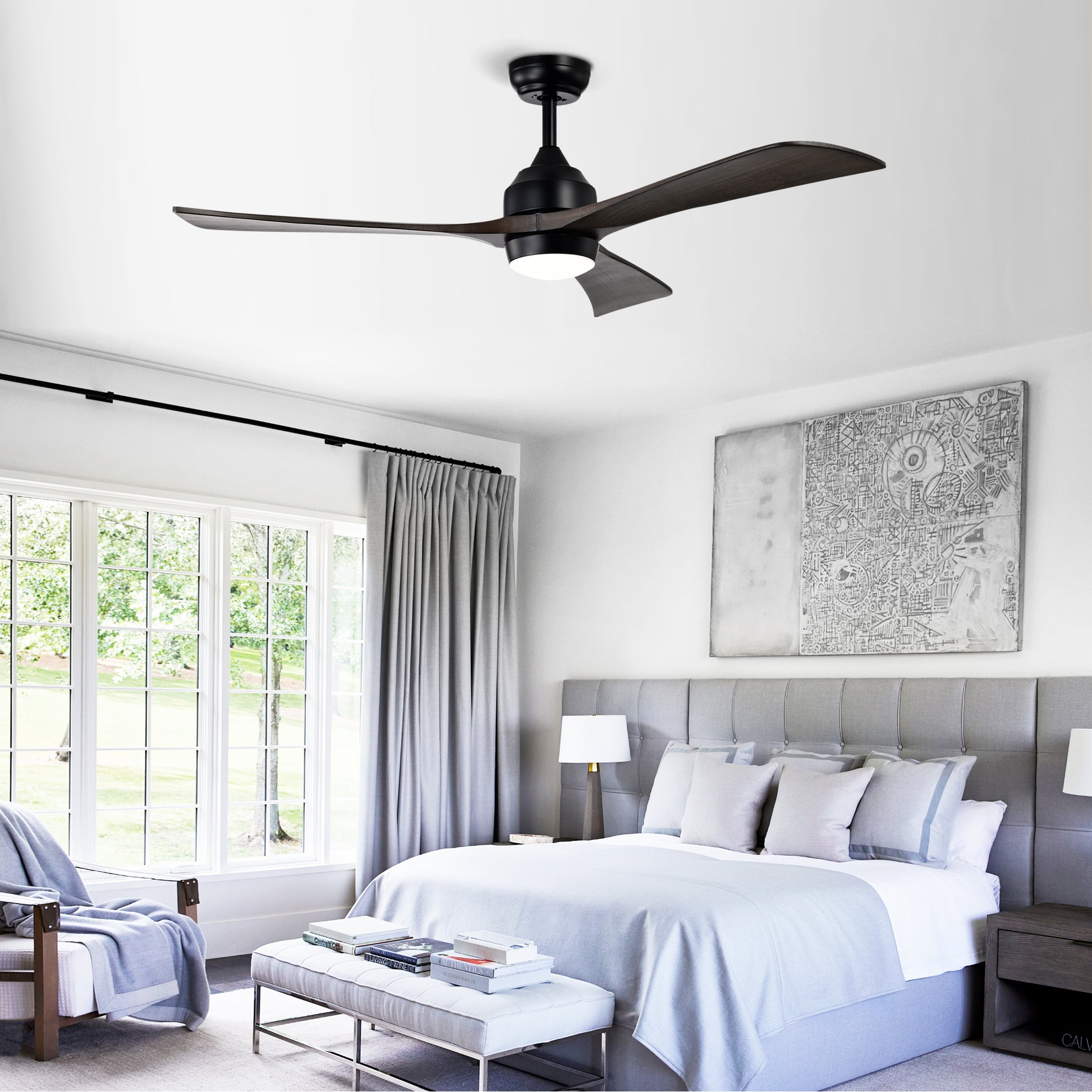 Black threeblade modern ceiling fan with integrated LED light perfect for bedroom airflow