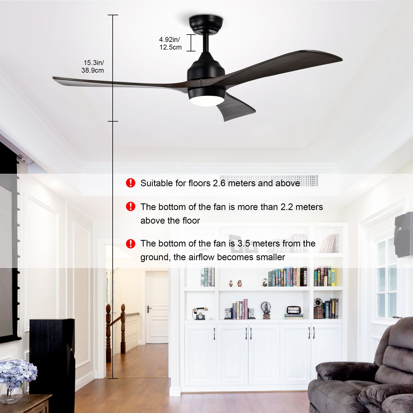 Modern black ceiling fan with dark wood blades and integrated LED light