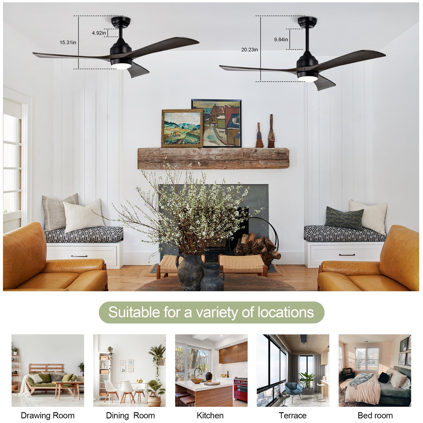 Modern black ceiling fan with dark wood blades and integrated LED light