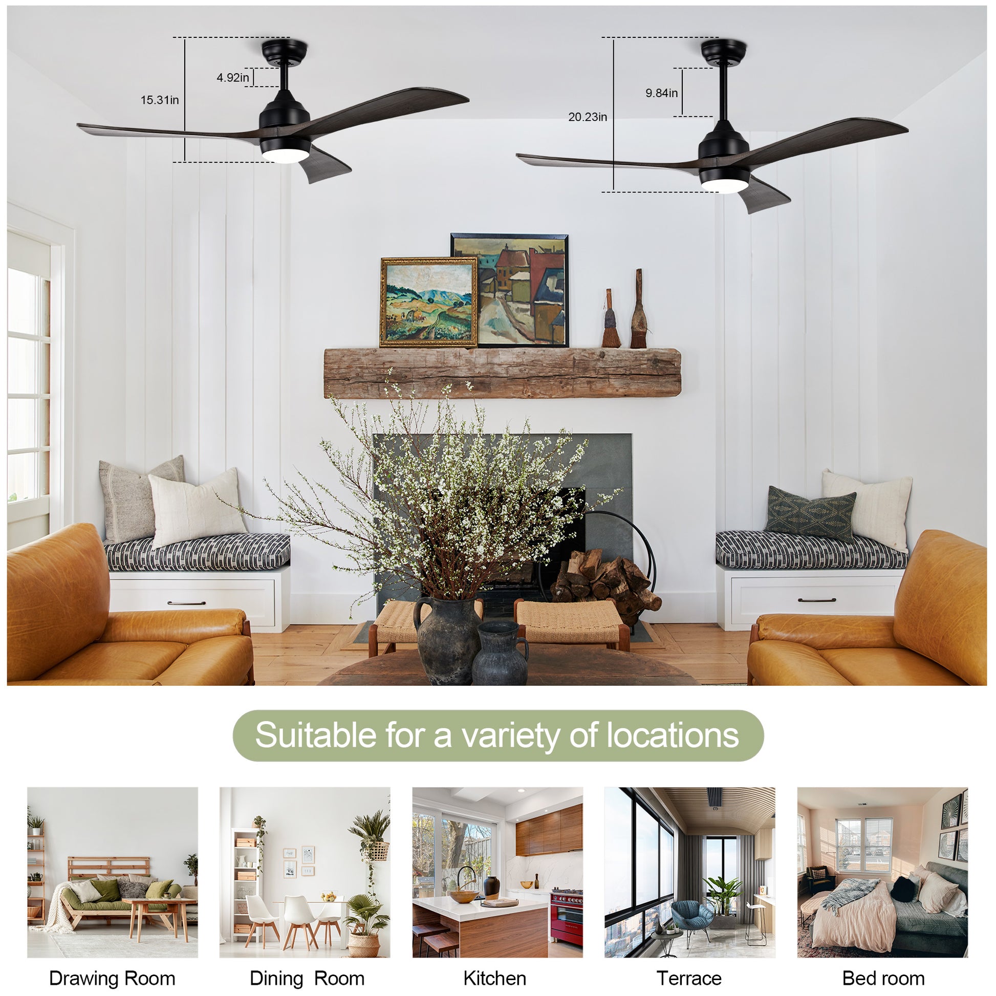 Modern black ceiling fan with dark wood blades and integrated LED light