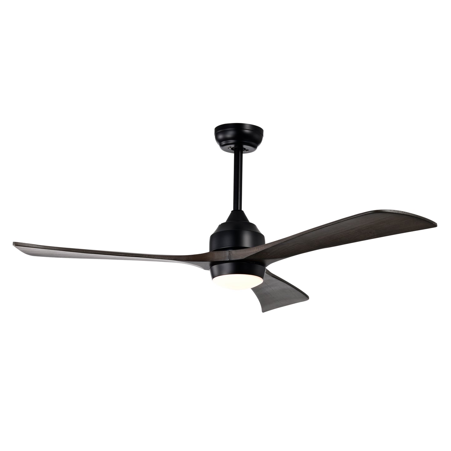 Black modern ceiling fan with dark wood blades and integrated LED light