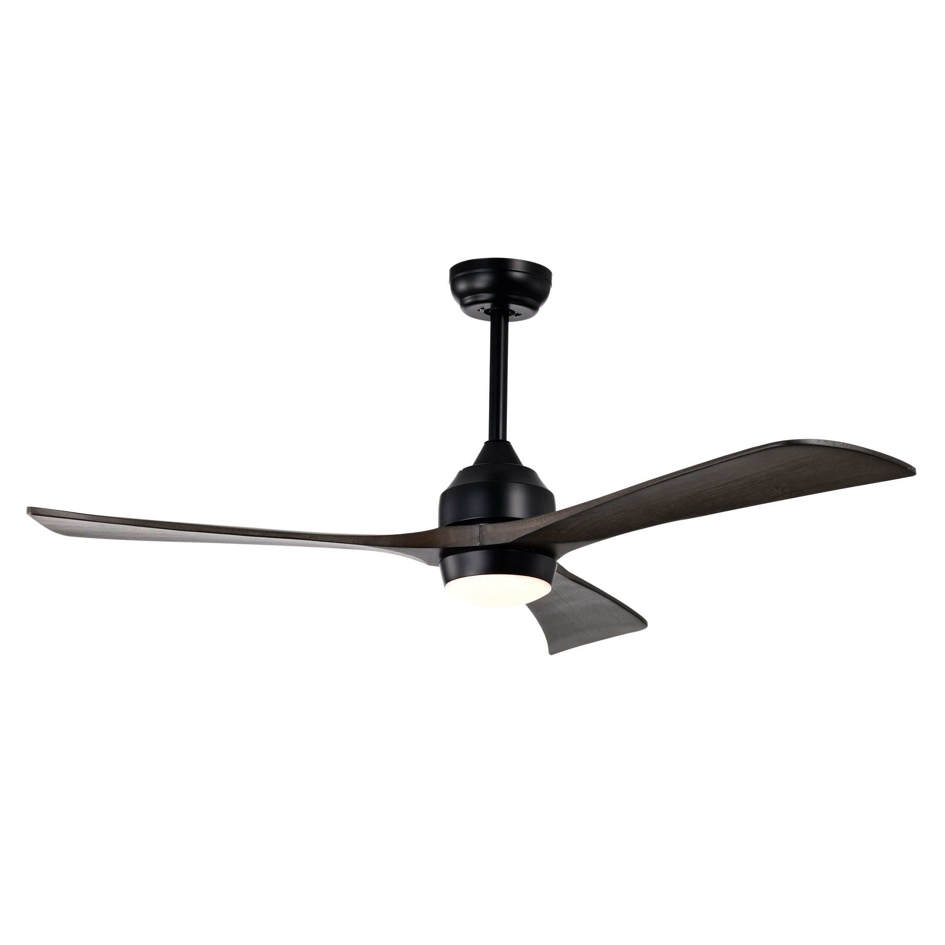 Black modern ceiling fan with dark wood blades and integrated LED light