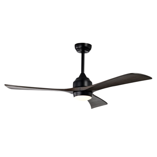 Black modern ceiling fan with dark wood blades and integrated LED light