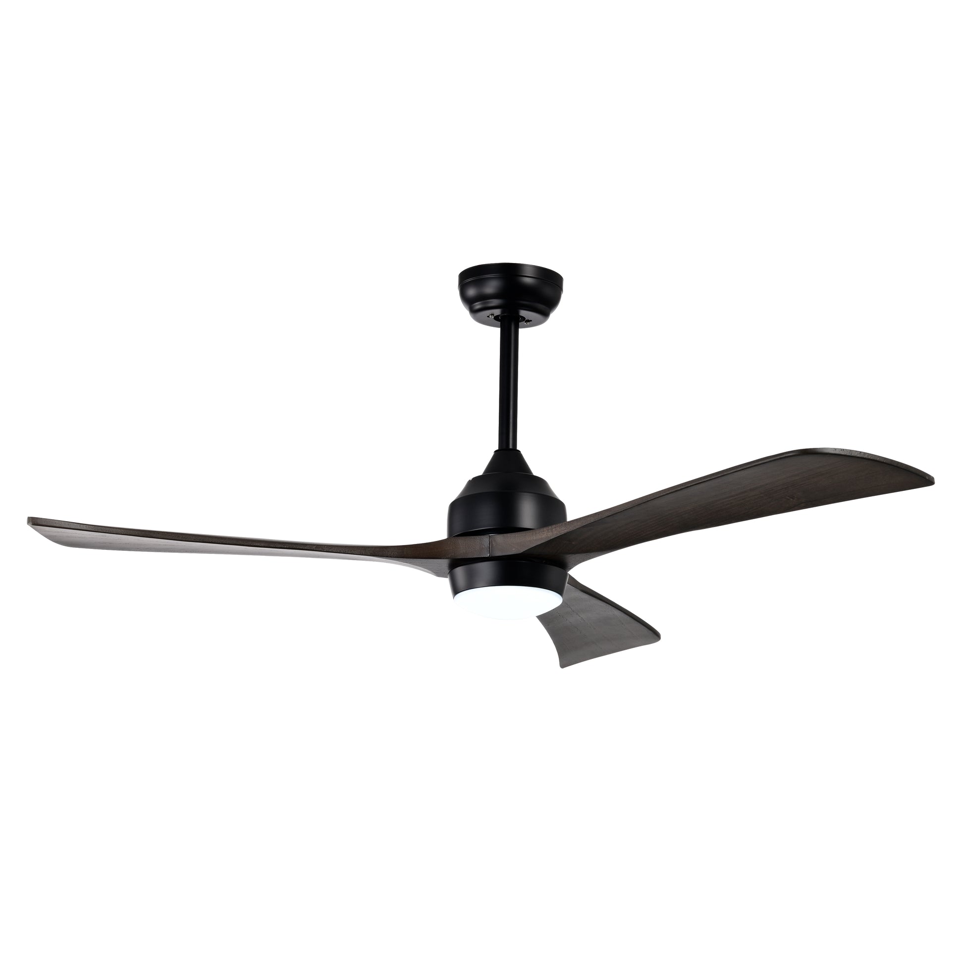 Black modern ceiling fan with three dark woodlook blades and integrated LED light