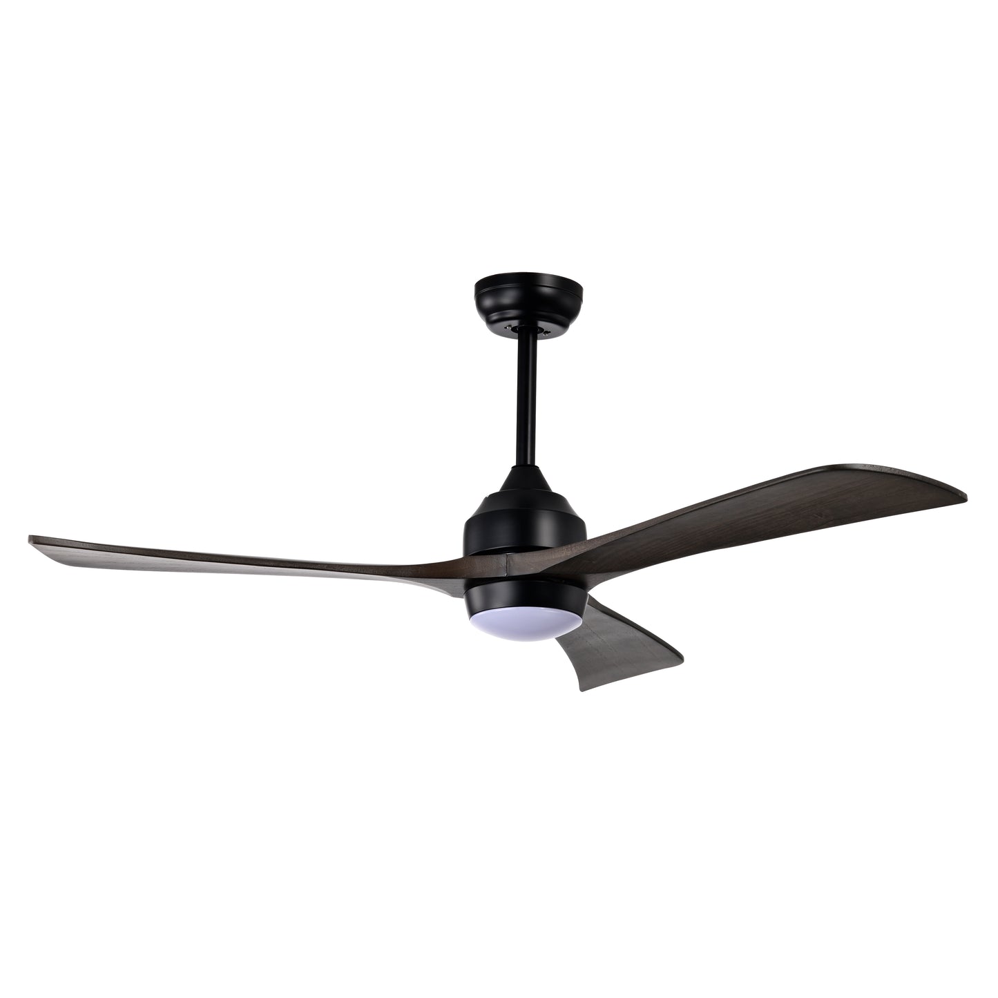 Modern black ceiling fan with dark wood effect blades and integrated LED light