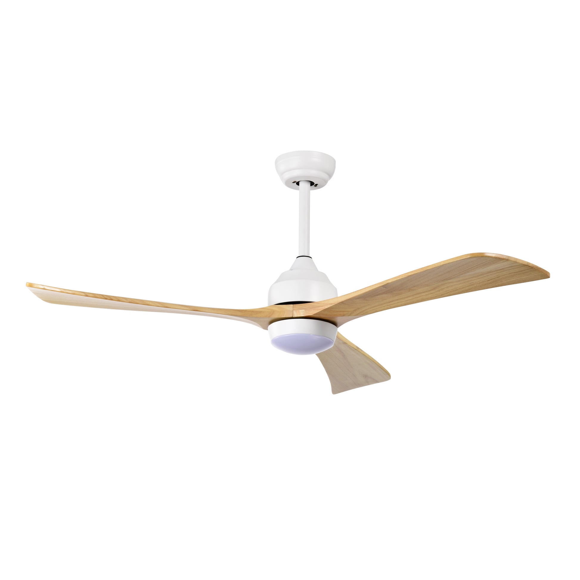 White ceiling fan with natural wood blades and integrated LED light
