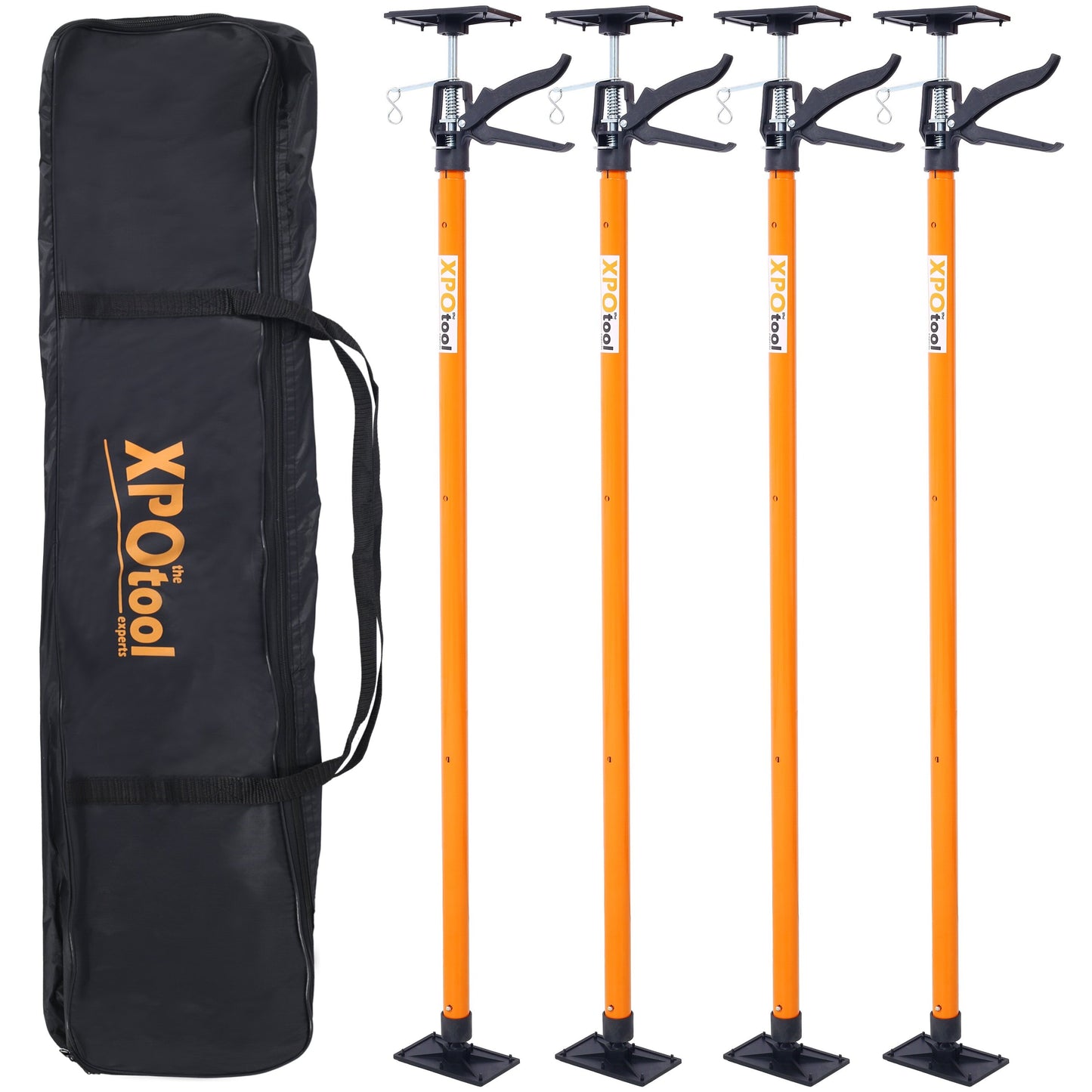Four orange XPOtool telescoping support poles with black bases and carry bag