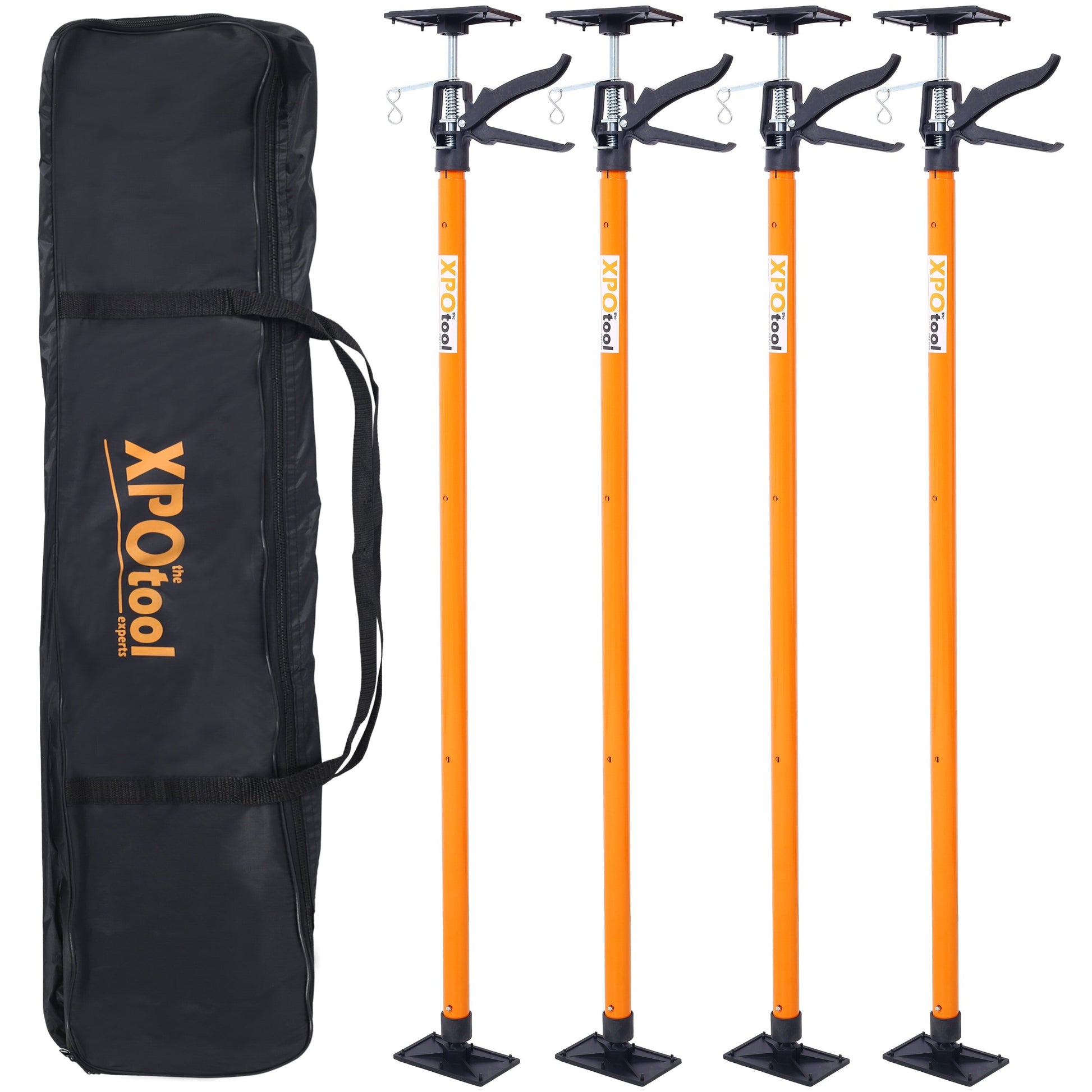 Four orange XPOtool telescoping support poles with black bases and carry bag