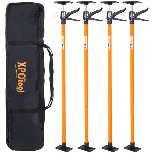 Four orange XPOtool telescoping support poles with black bases and carry bag