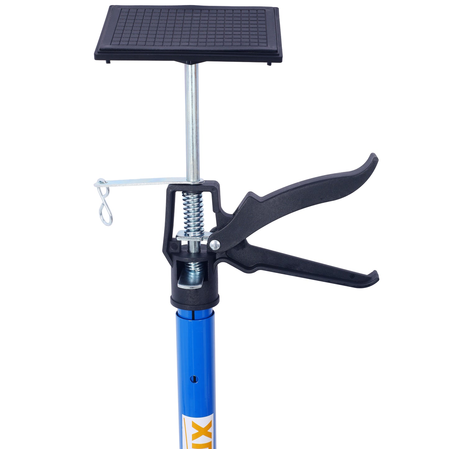Adjustable support pole with black rubber top pad and springloaded handle