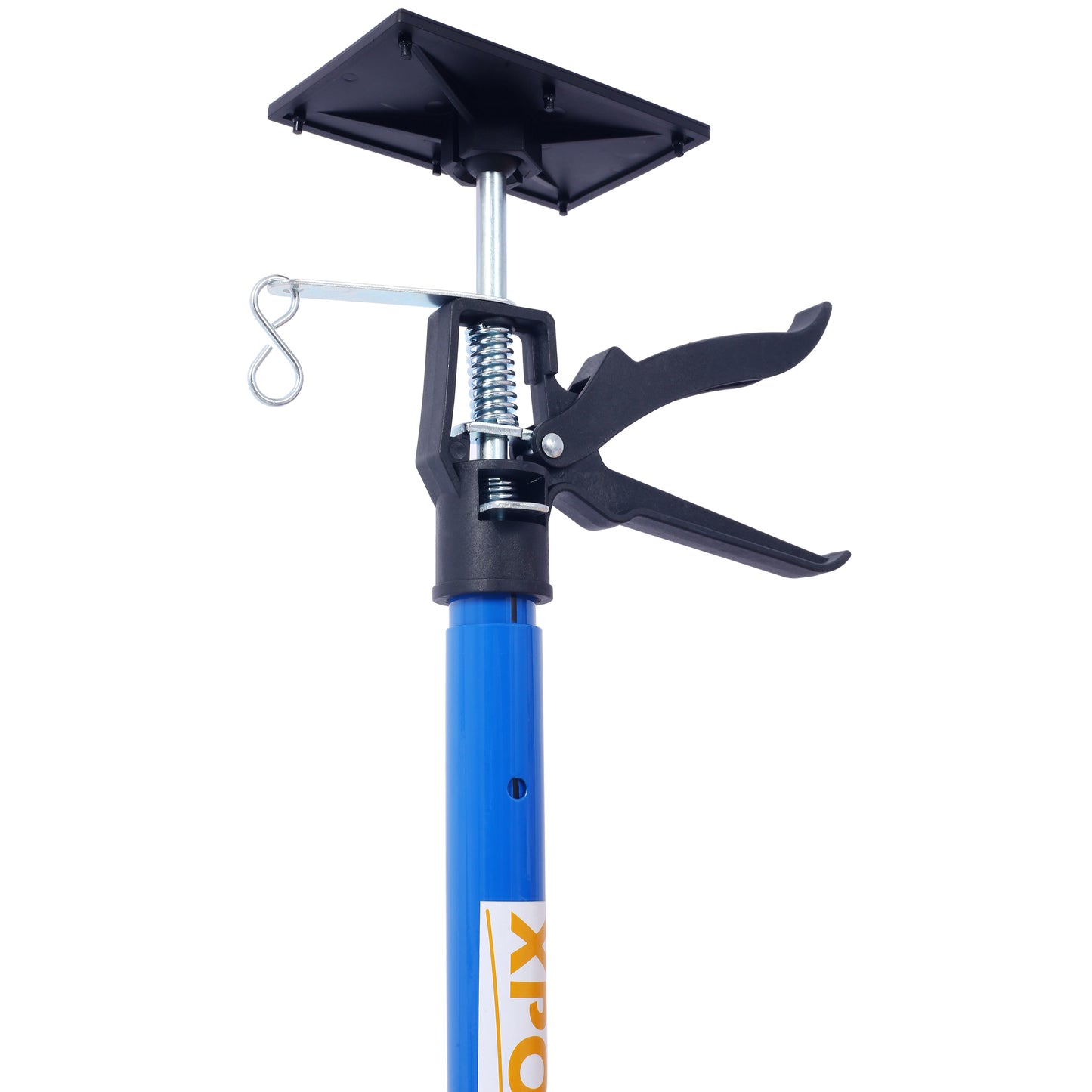 Adjustable support pole with blue shaft and black grip for construction tasks