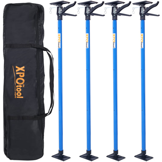 Set of four blue adjustable support poles with black footings and storage bag