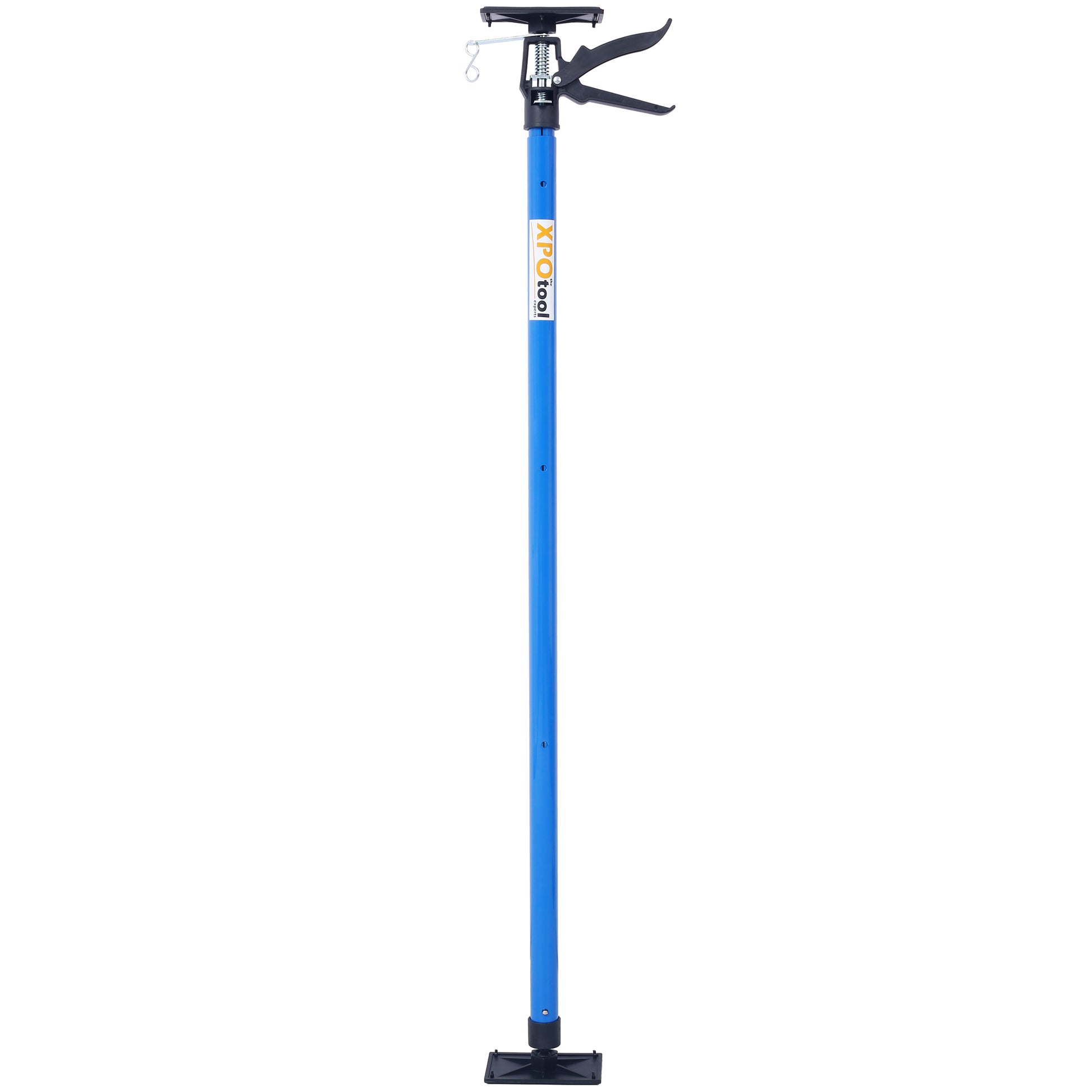 Blue adjustable drywall support pole with black clamp and wide base