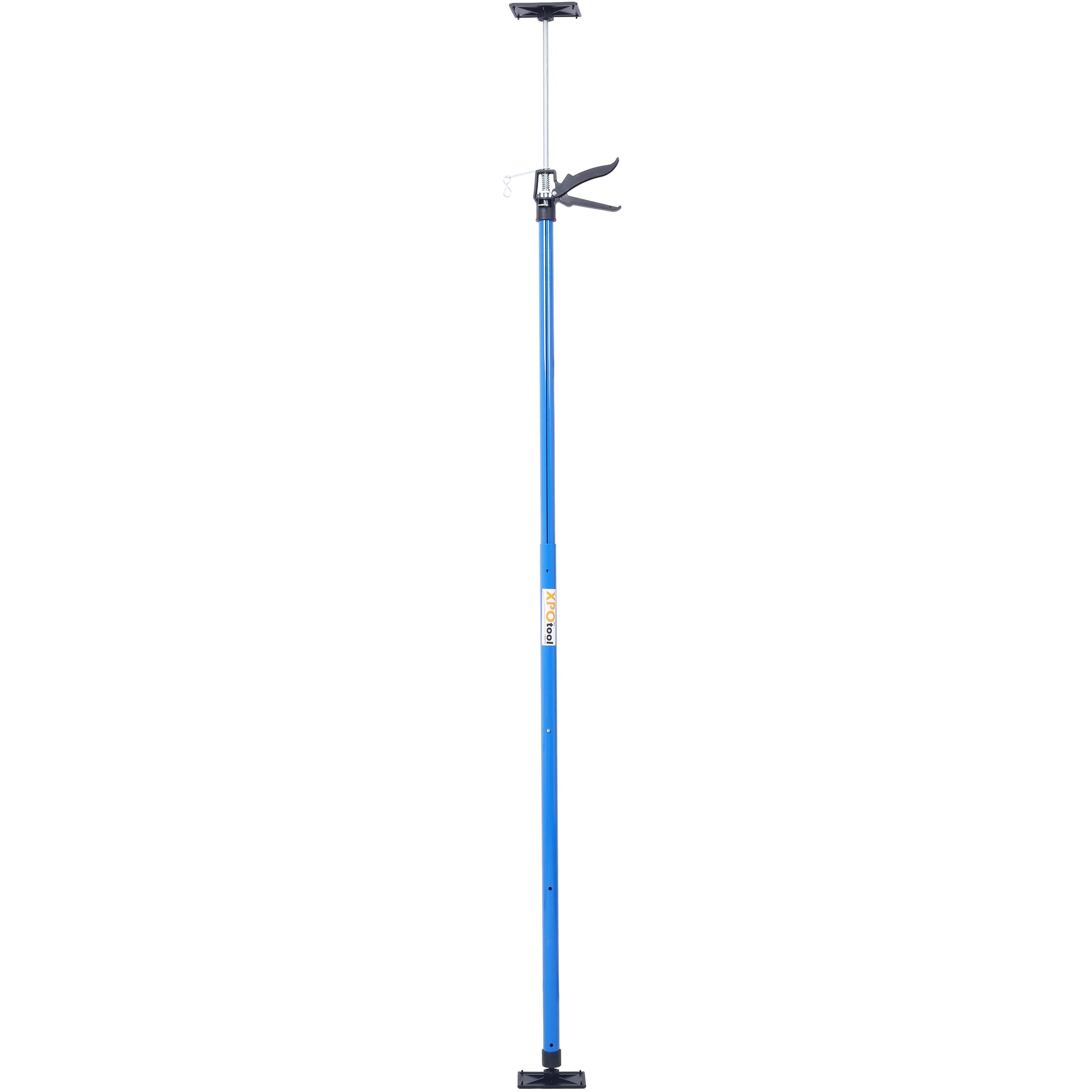 Blue adjustable support pole with black grip for drywall installation