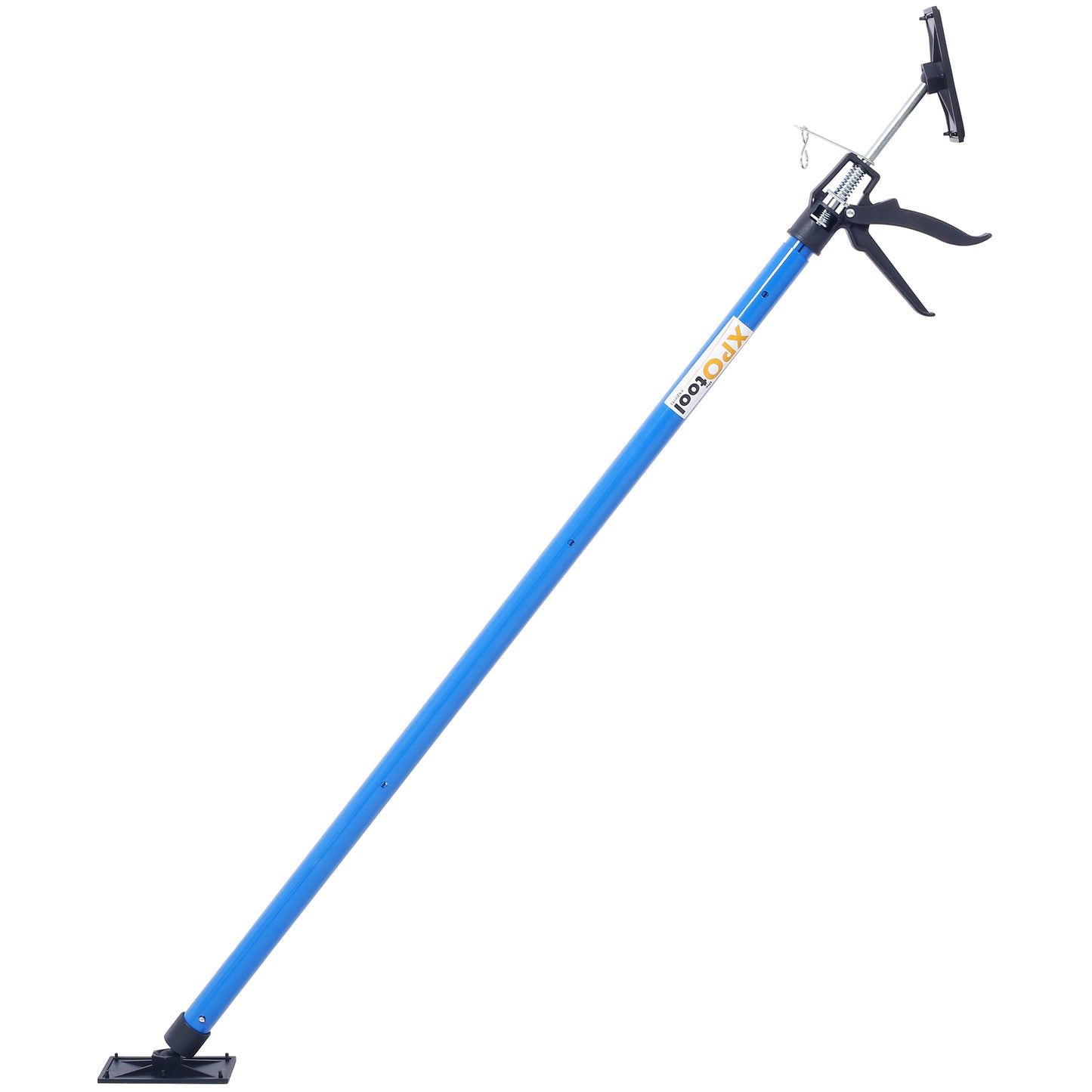 Blue adjustable drywall support pole with black grip and base
