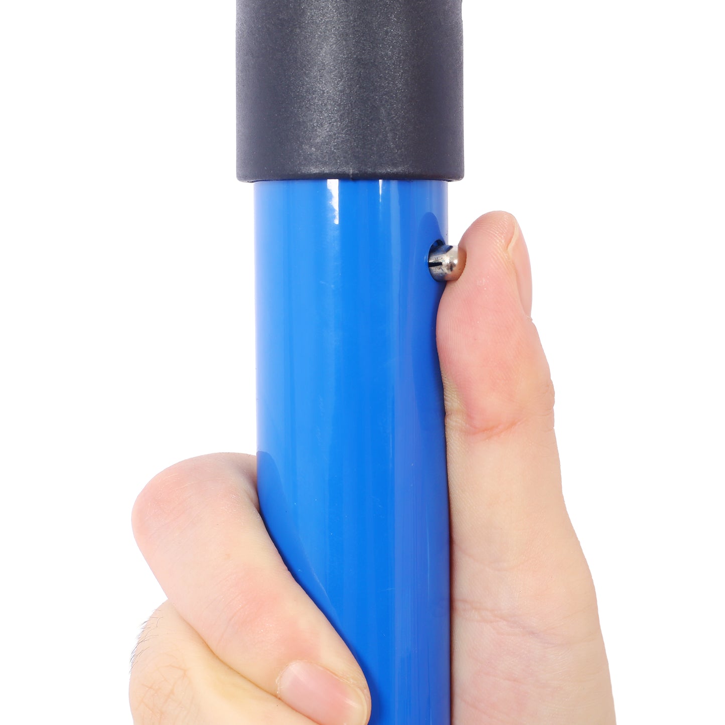 Closeup of a hand pressing the silver release button on a blue adjustable pole