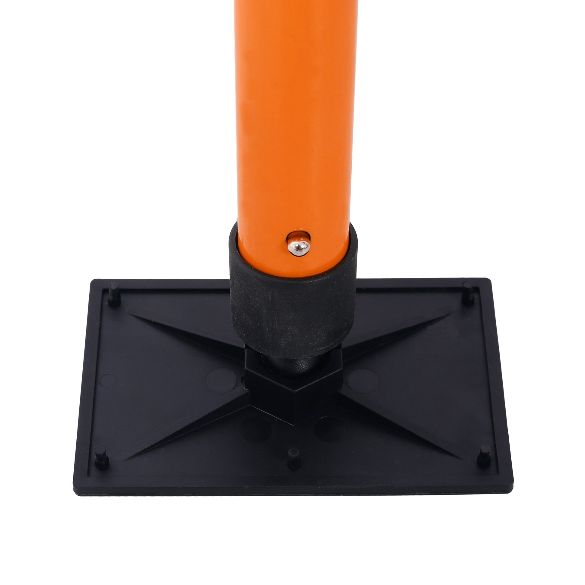 Close up of orange pole with a black base part of a telescopic support rod