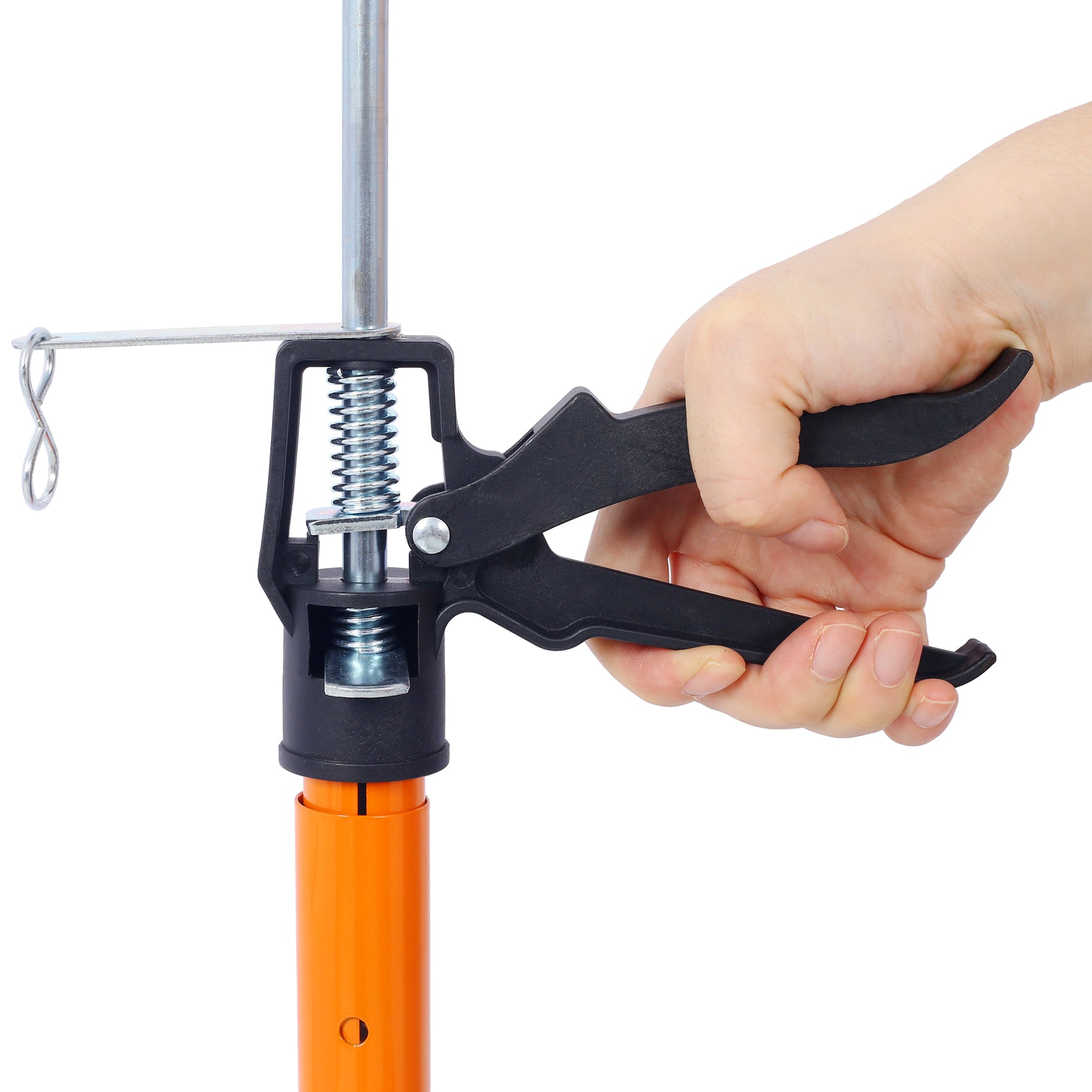 Black plastic clamp on orange pole with silver spring and pin
