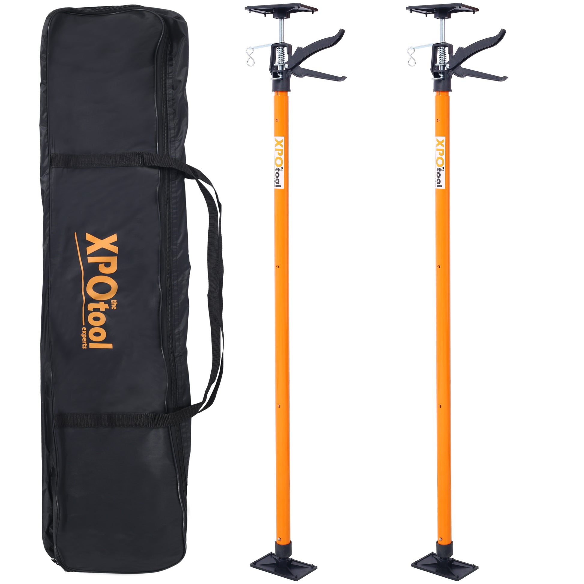 Two orange XPOtool adjustable support poles with black bases and clamps packed in a black carrying bag