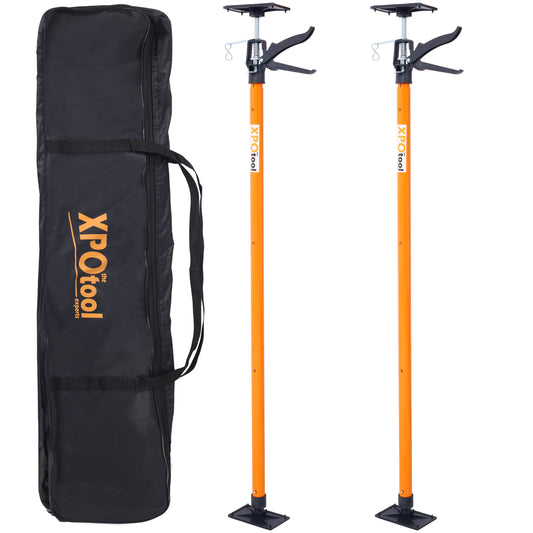 Two orange XPOtool adjustable support poles with black bases and clamps packed in a black carrying bag