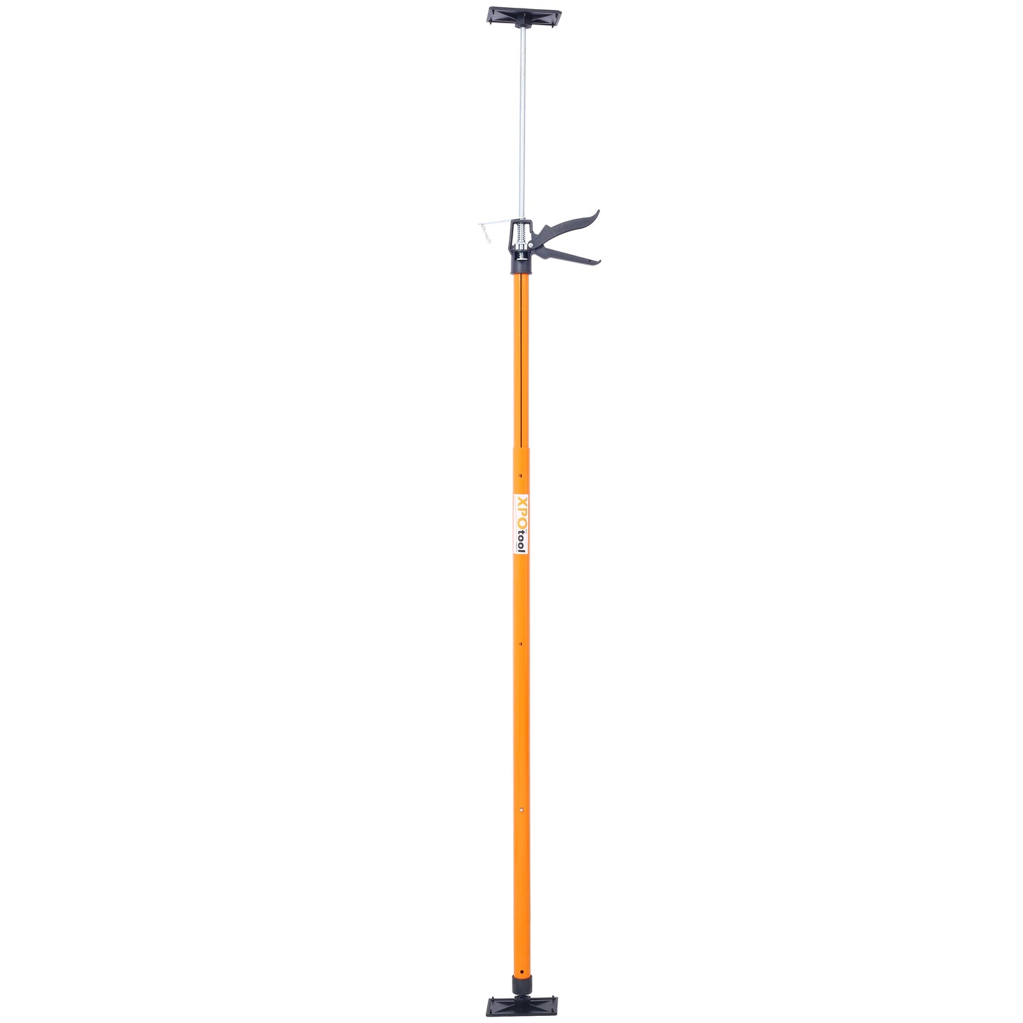 Orange metal support pole with adjustable height for drywall installation
