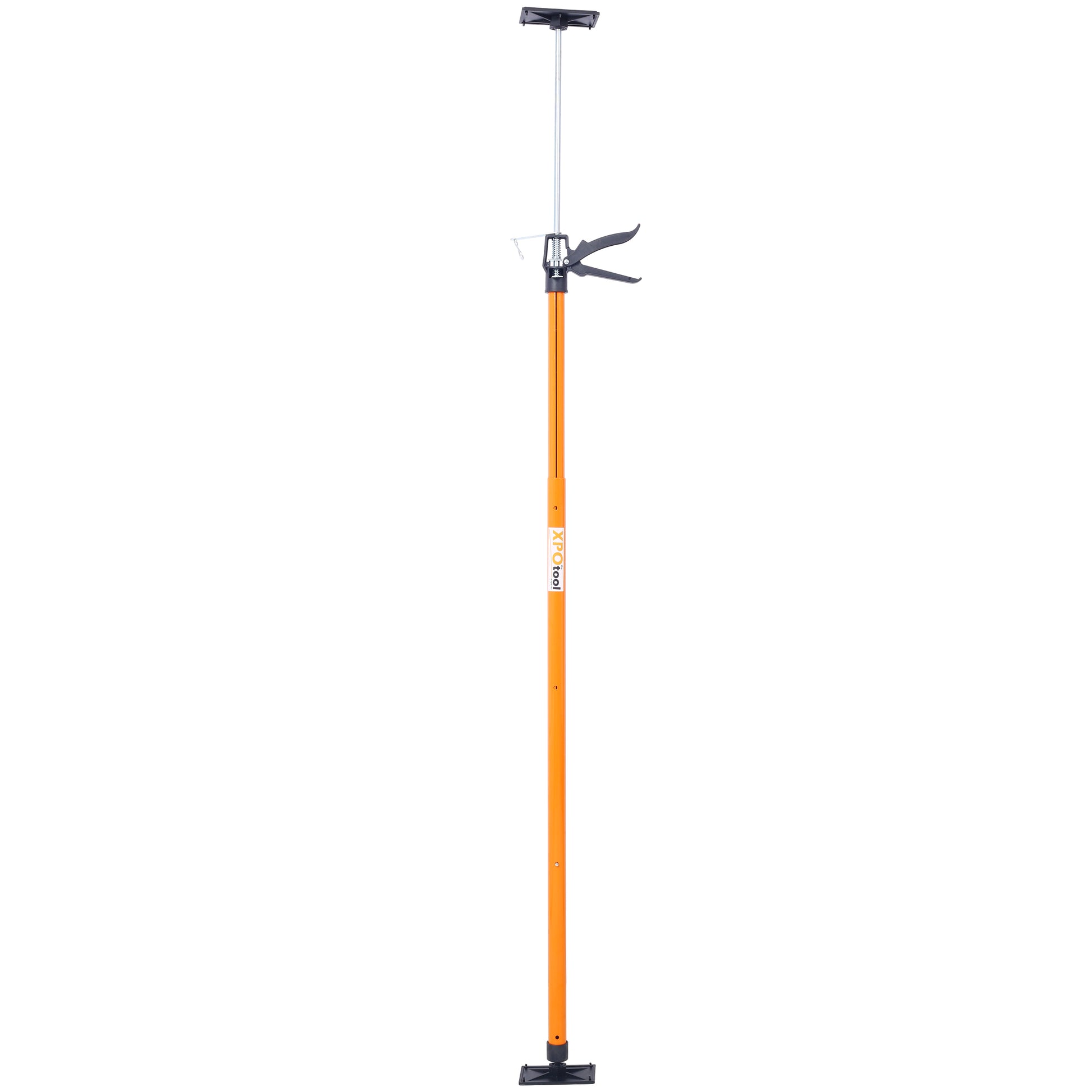 Orange metal support pole with adjustable height for drywall installation