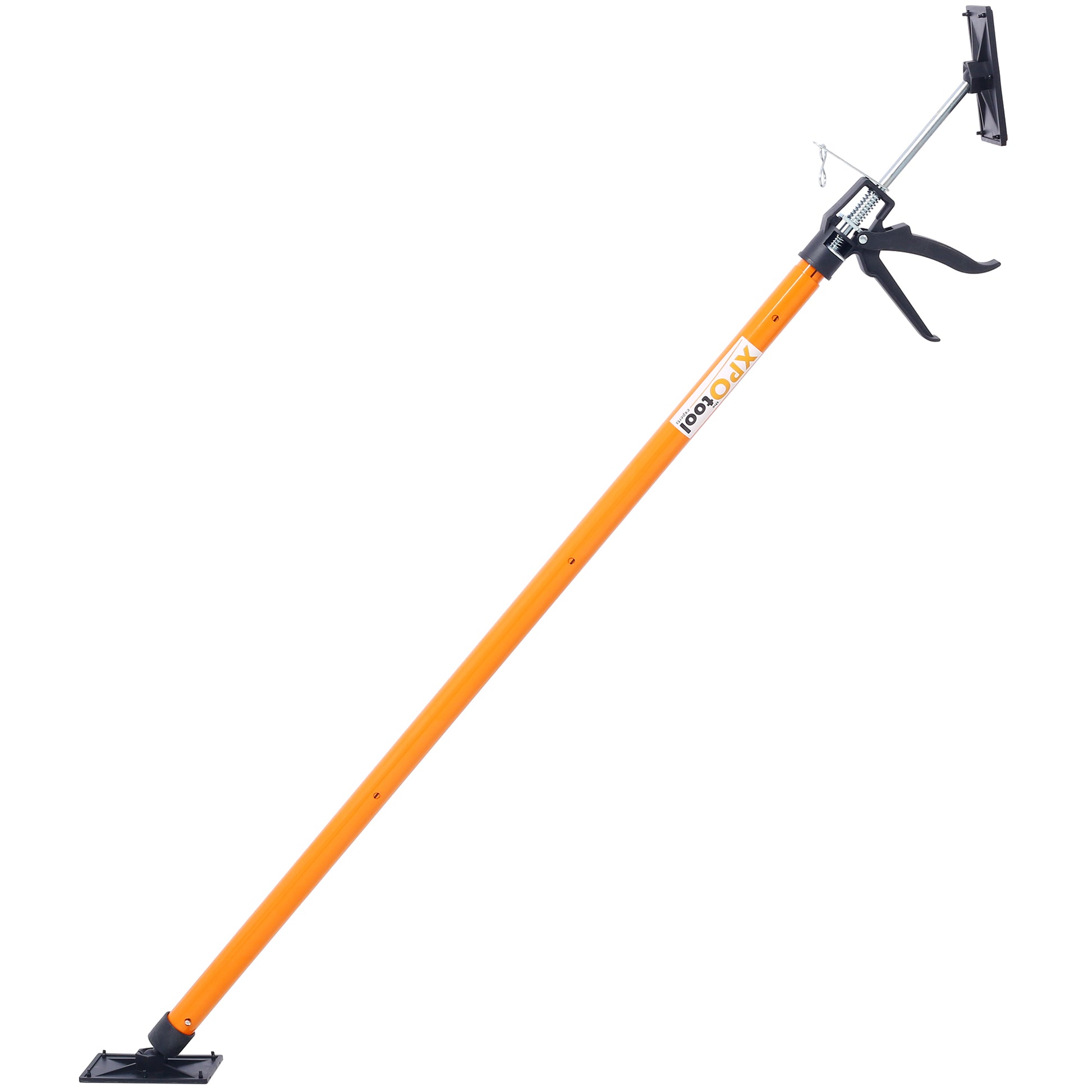 Adjustable orange drywall support pole with black rubber feet and grip for secure positioning