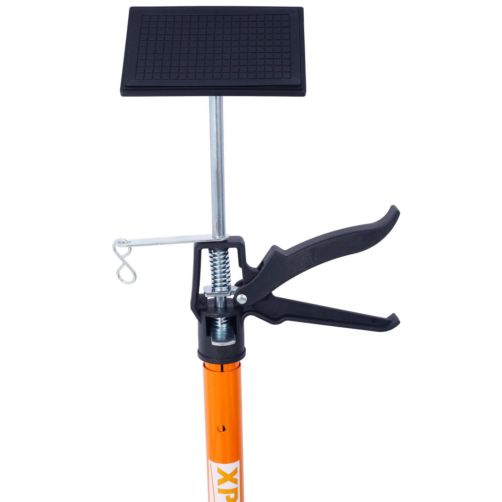 Orange adjustable support pole with black grip and textured top pad