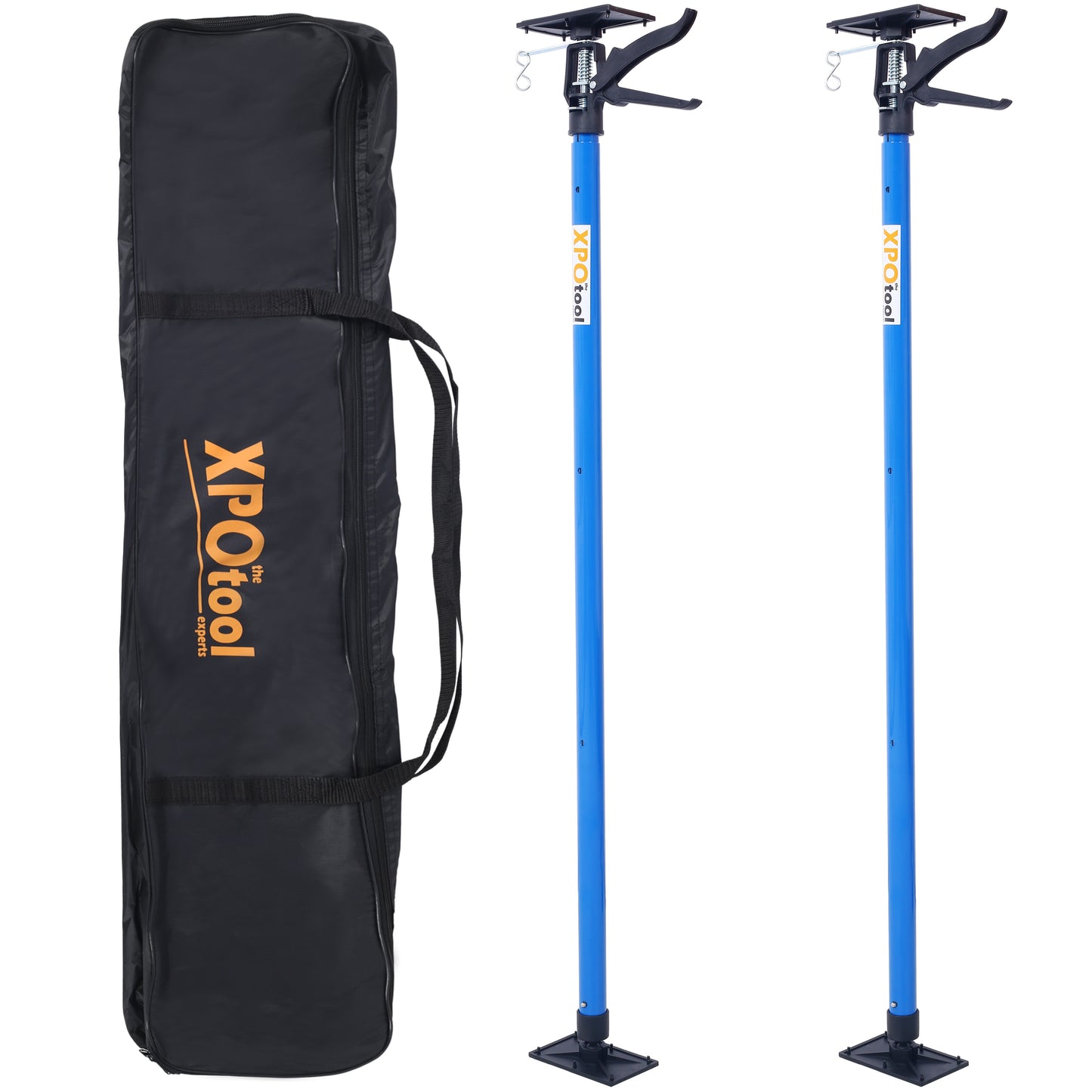 Two blue adjustable support poles with black clamp mechanisms and bases beside a black carrying bag