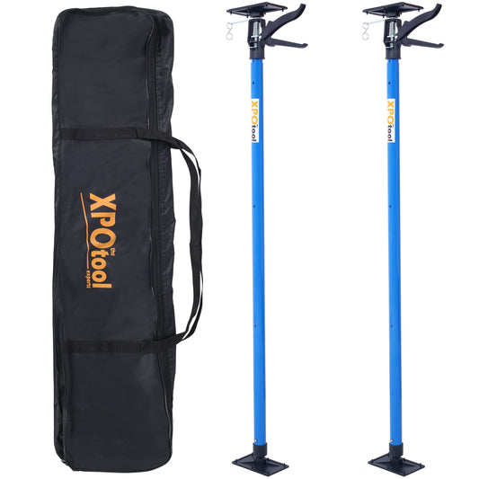 Two blue adjustable support poles with black clamp mechanisms and bases beside a black carrying bag