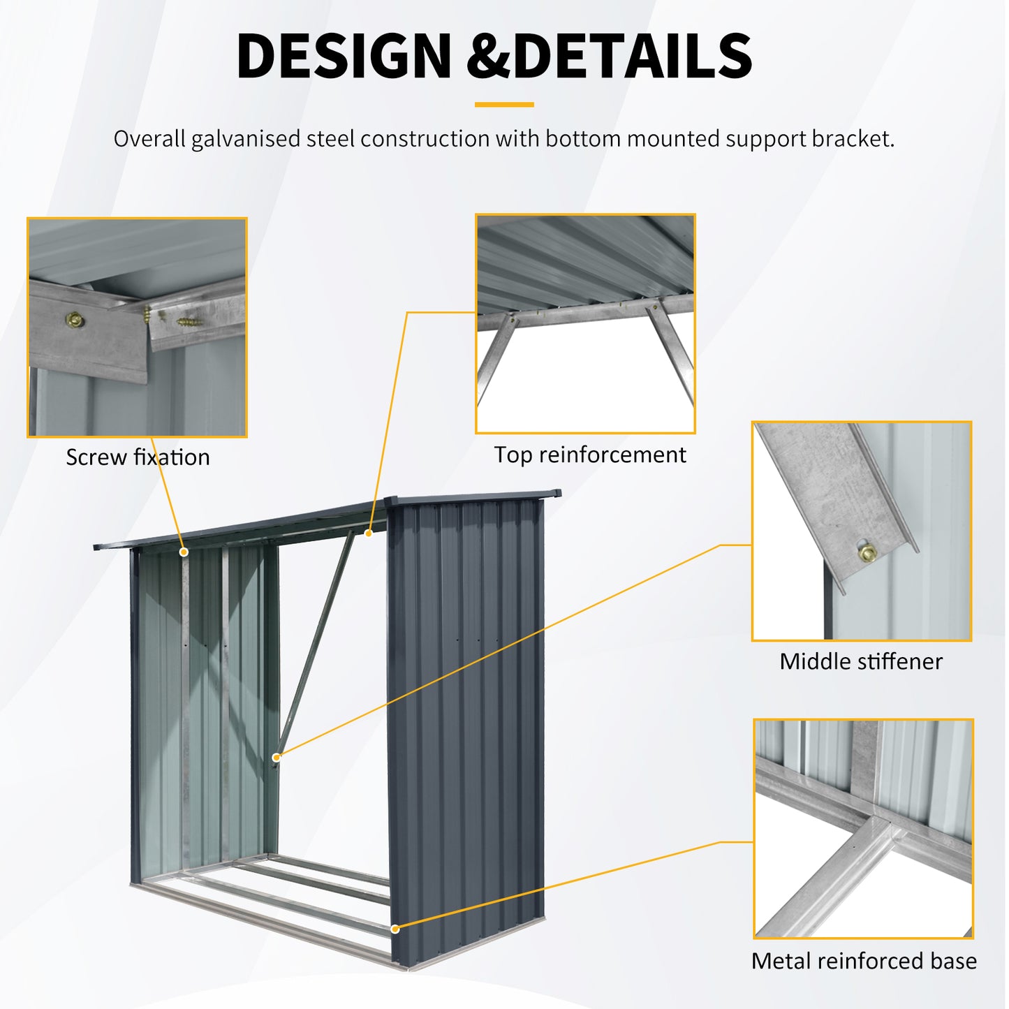 Galvanised steel firewood log store with screw fixation detail shown