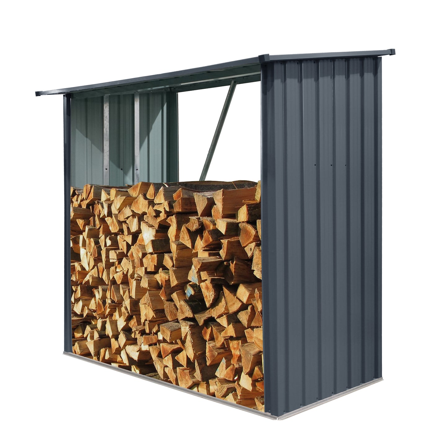 Dark gray metal log store filled with neatly stacked firewood for outdoor storage
