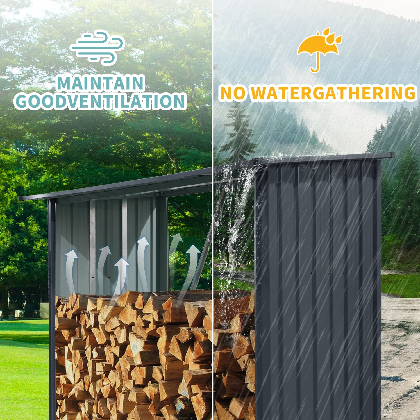 Dark grey metal storage shed with excellent ventilation for wood logs