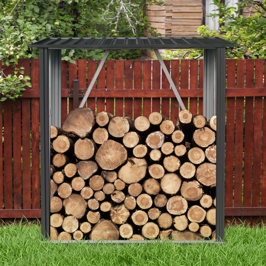Modern metal firewood shed storing neatly stacked logs outdoors
