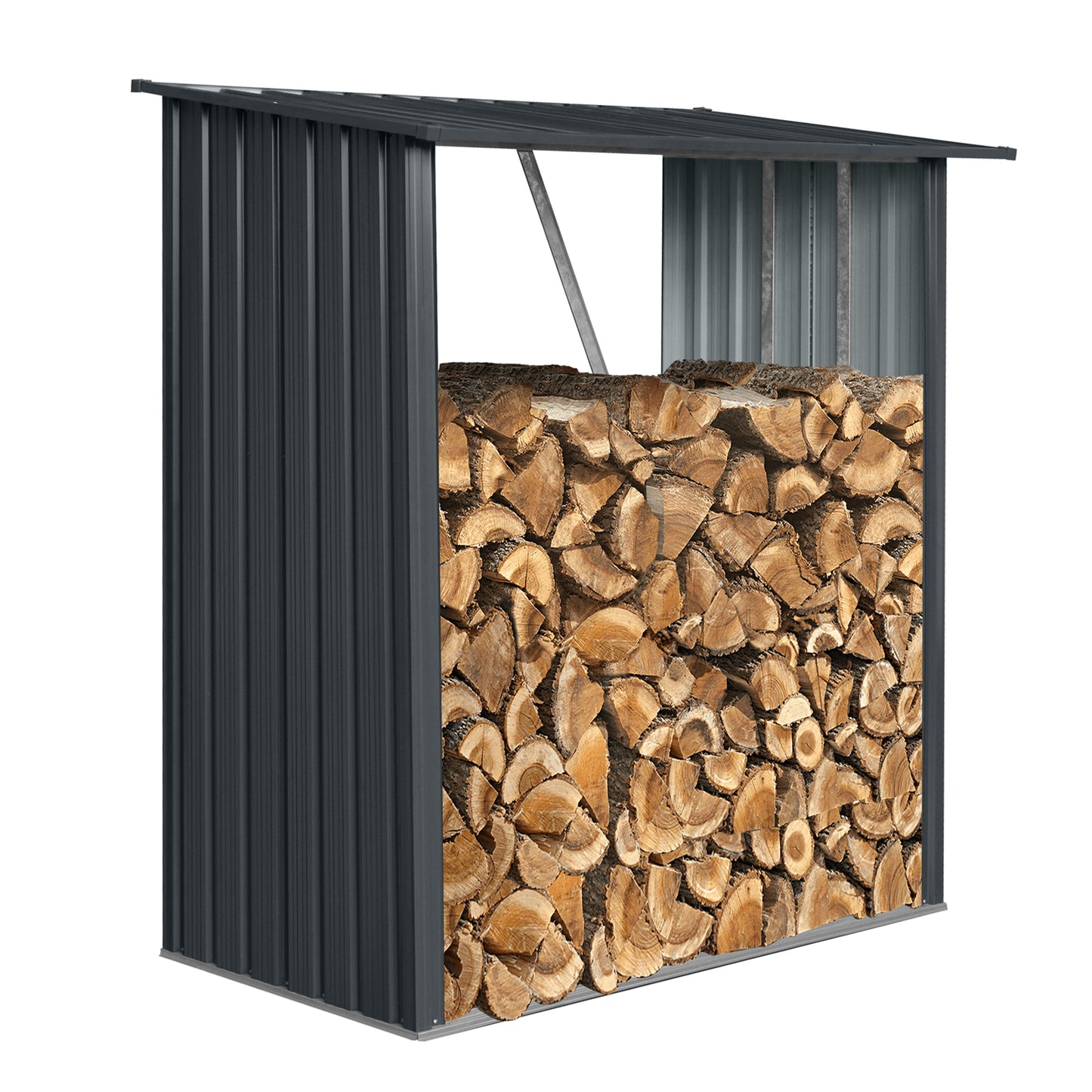 Dark gray metal log store filled with neatly stacked firewood outdoor storage solution