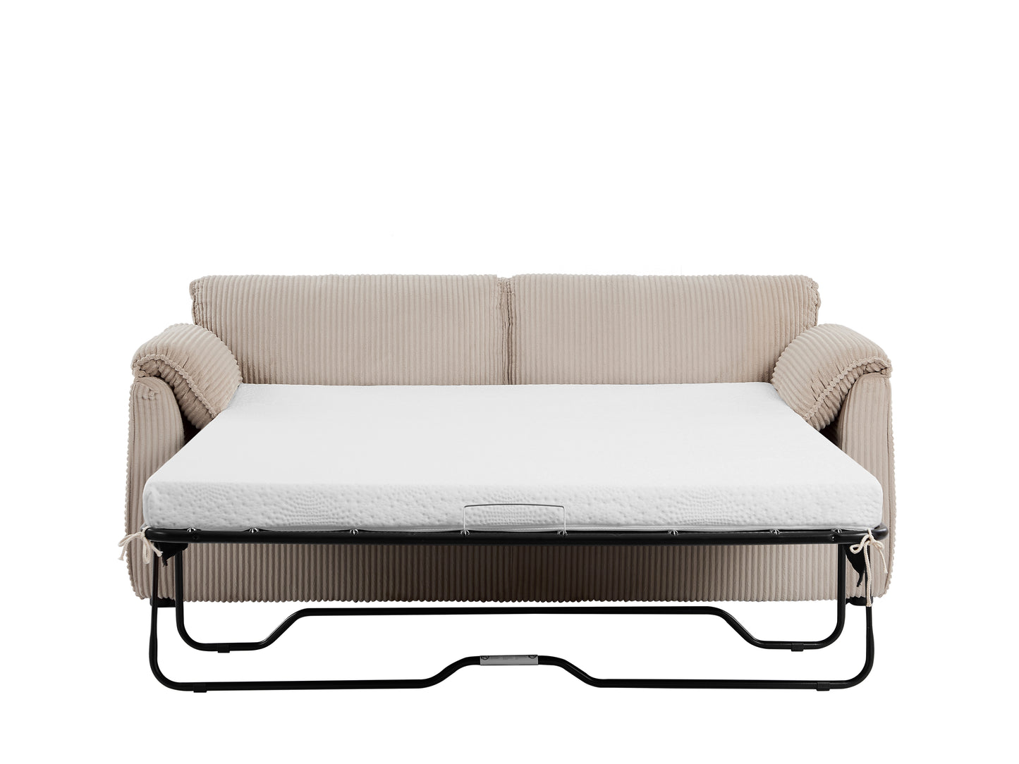 Beige corduroy sofa bed with white mattress ideal for small spaces