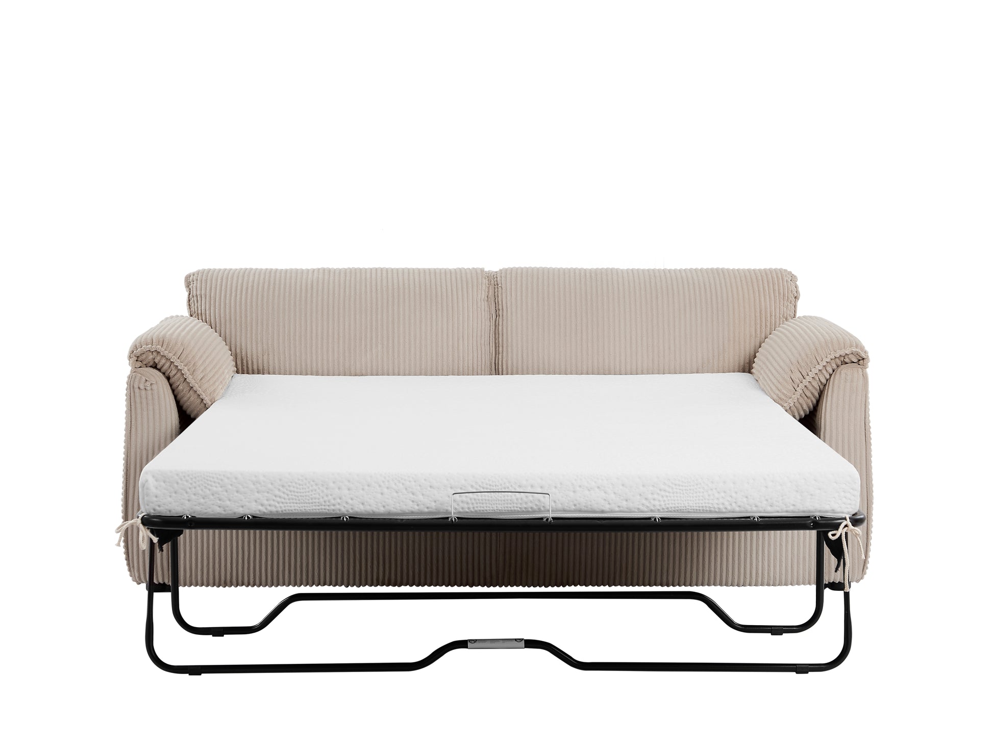 Beige corduroy sofa bed with white mattress ideal for small spaces