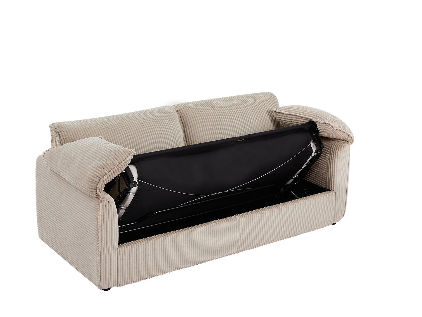 Beige corduroy sofa with open storage compartment for bedding