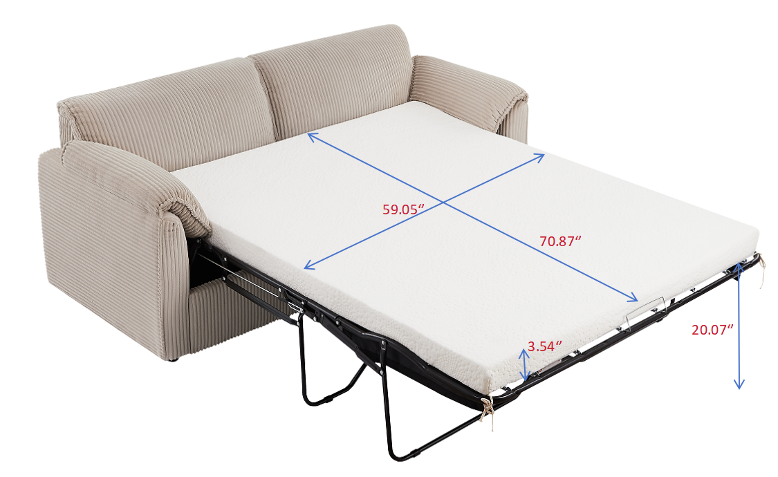 Beige corduroy sofa bed extended with mattress dimensions shown