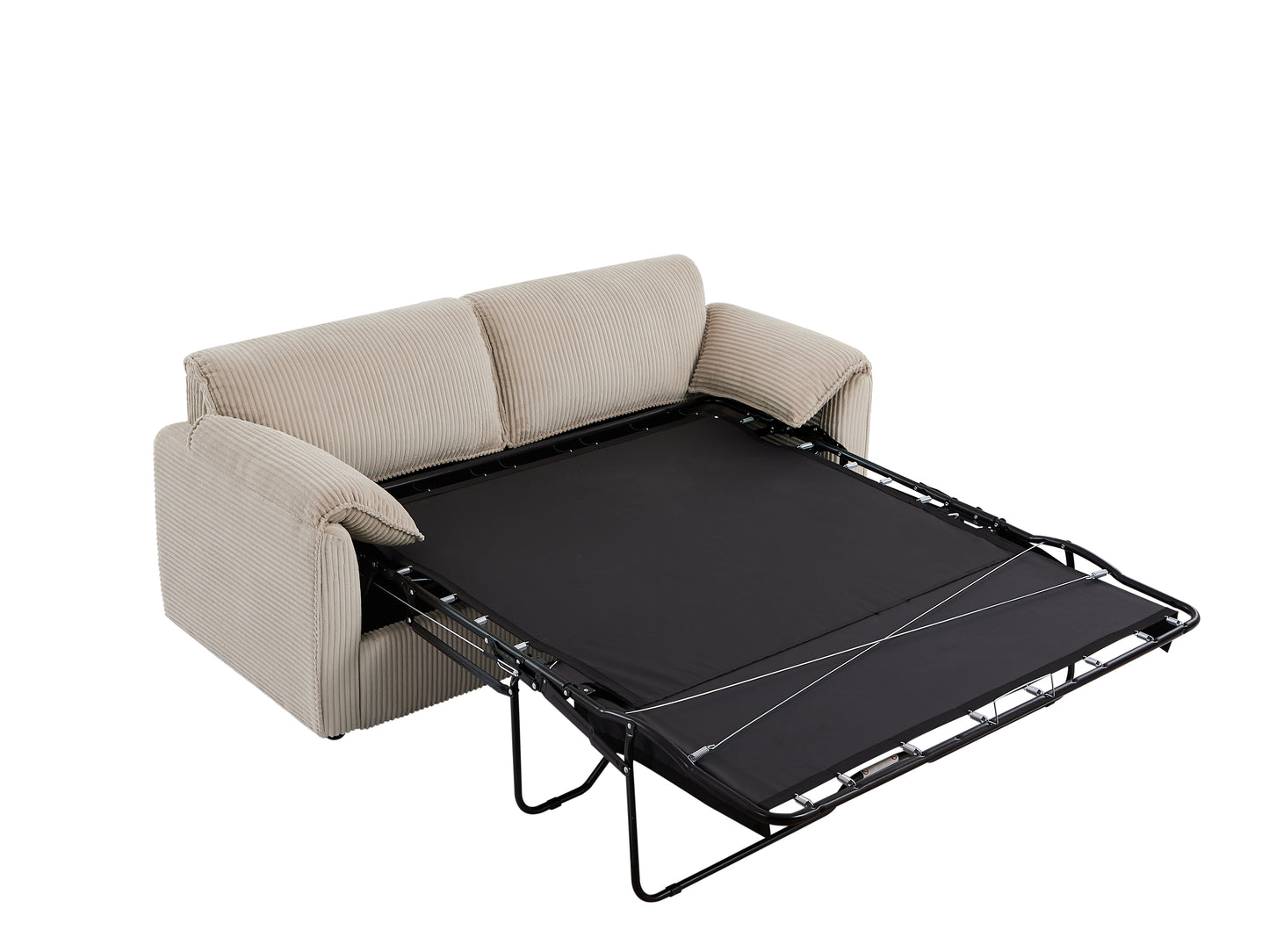 Beige corduroy sofa bed with exposed metal frame and mattress support