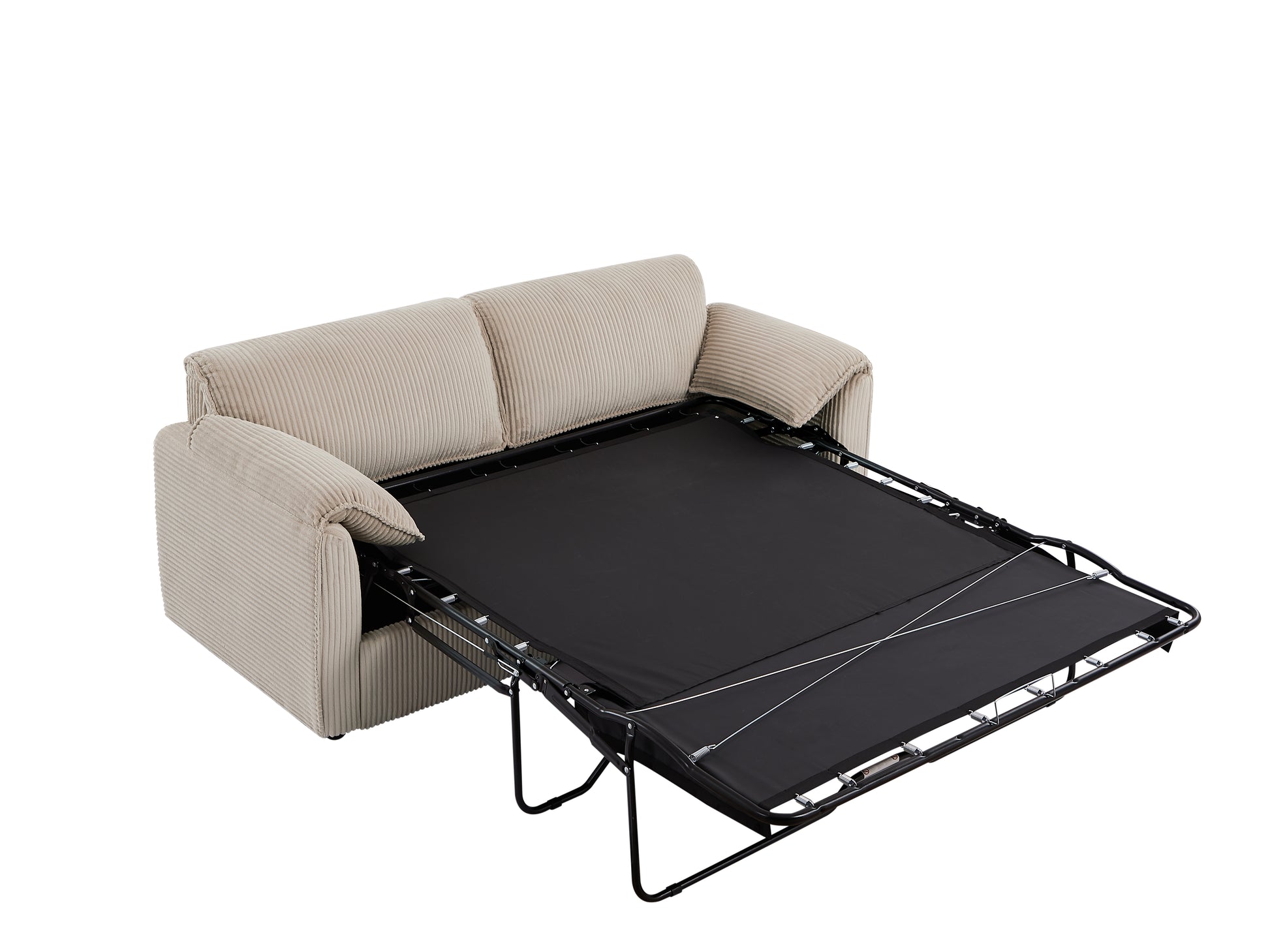Beige corduroy sofa bed with exposed metal frame and mattress support
