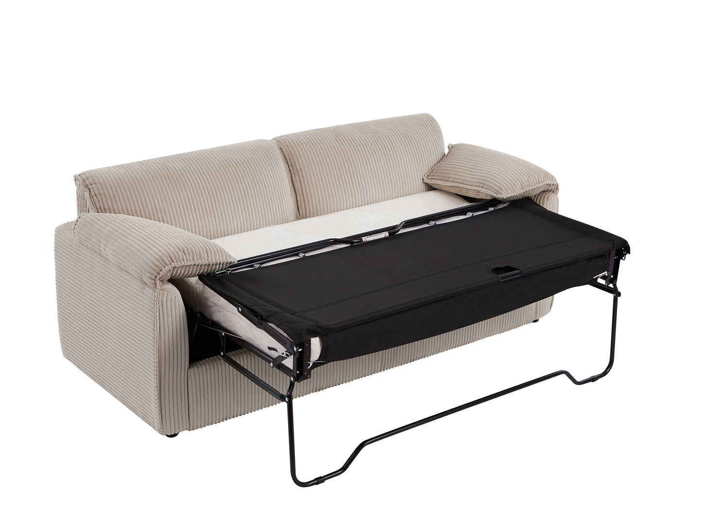 Beige corduroy sofa bed with metal frame extended for sleeping