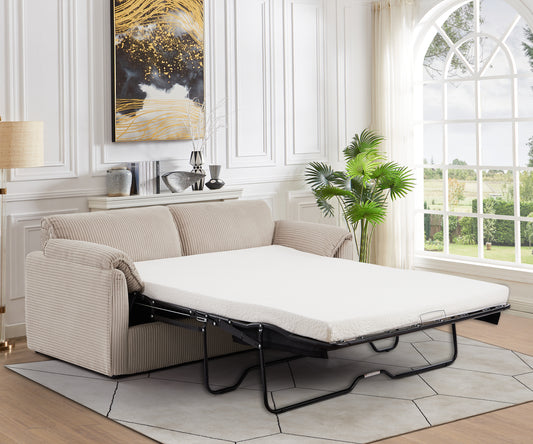 Beige corduroy sofa bed with mattress extended ideal for guest rooms