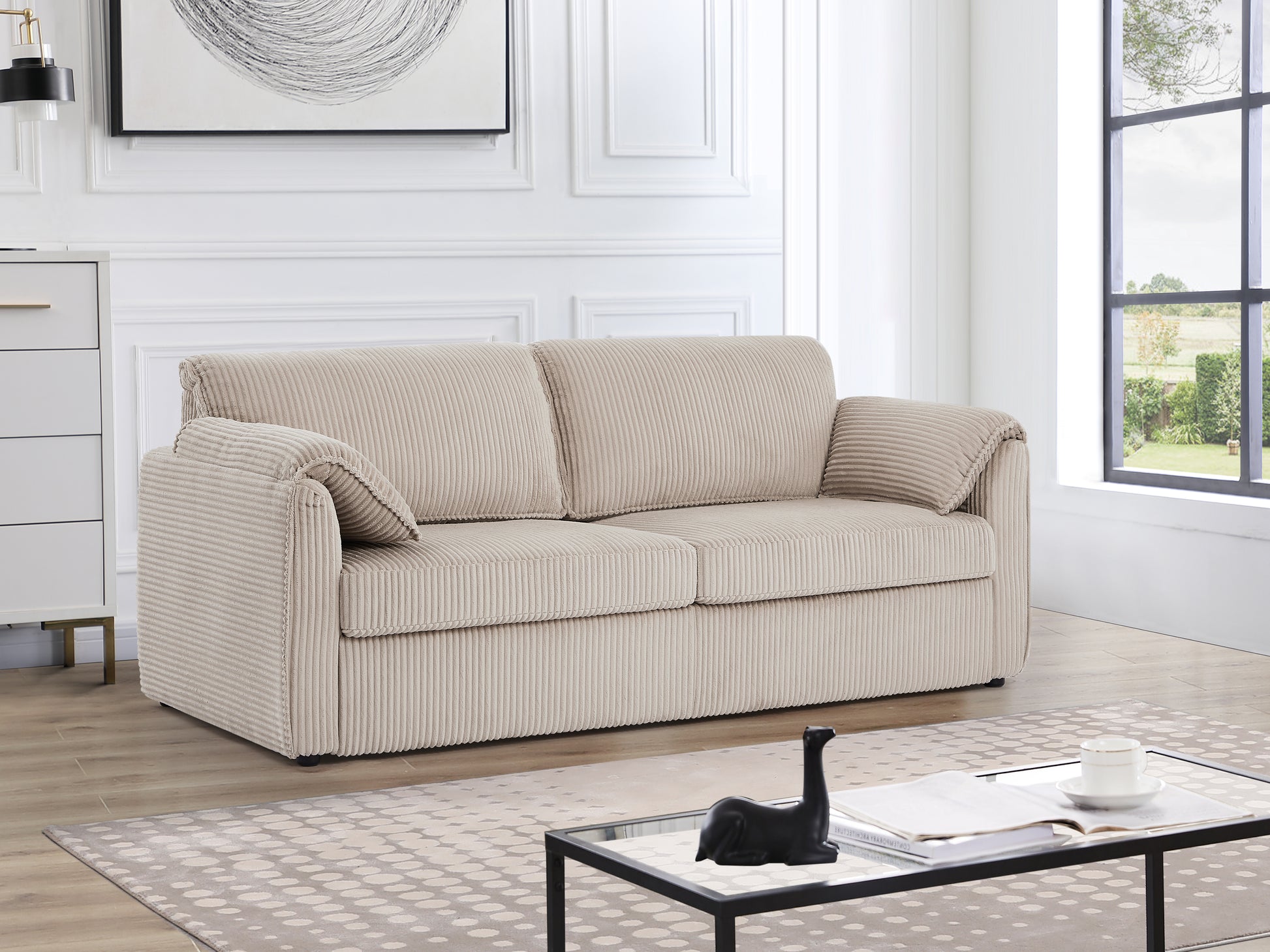Beige corduroy sofa with plush cushions and rolled arms