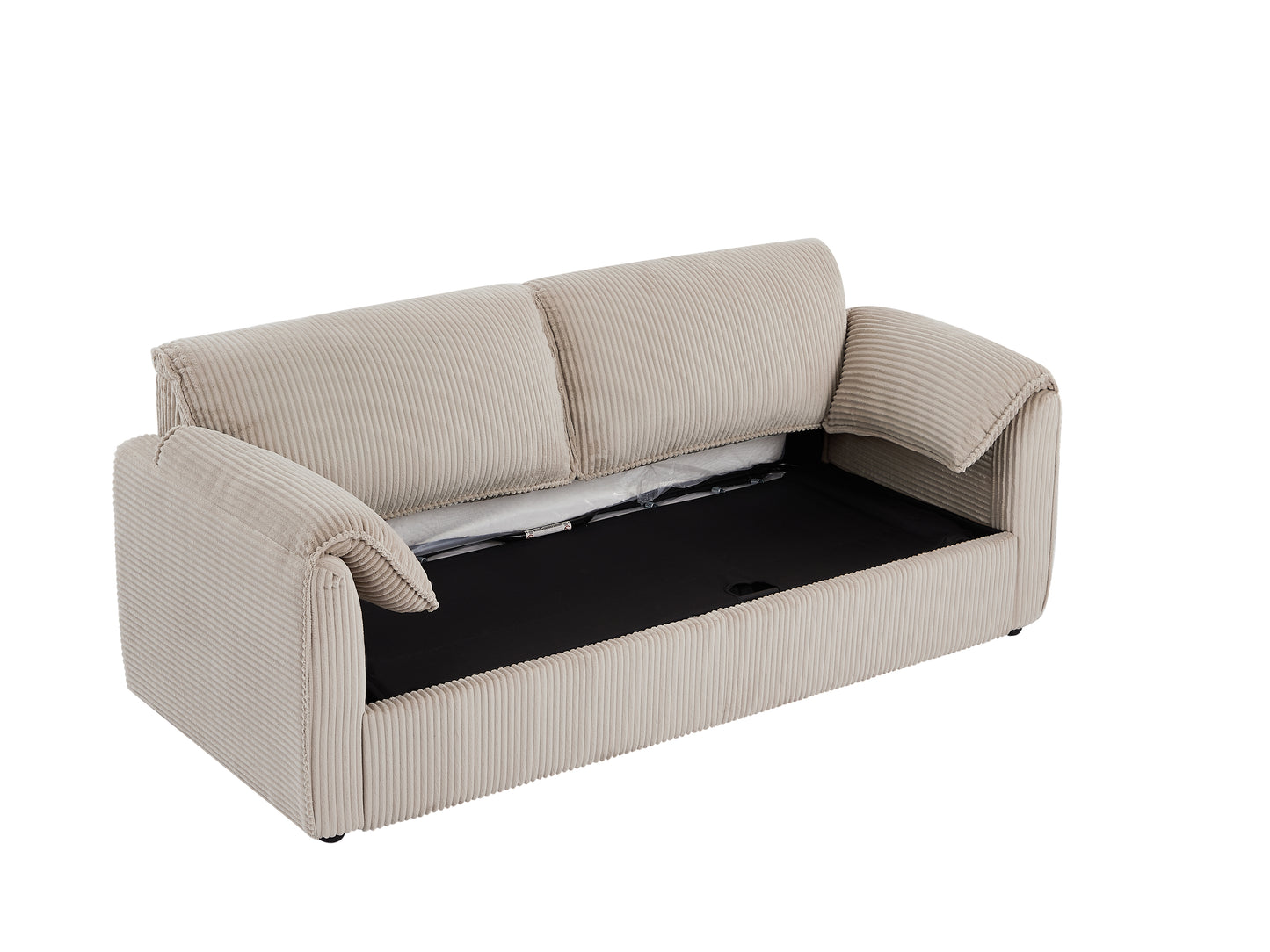 Beige corduroy loveseat with open storage compartment for blankets or cushions