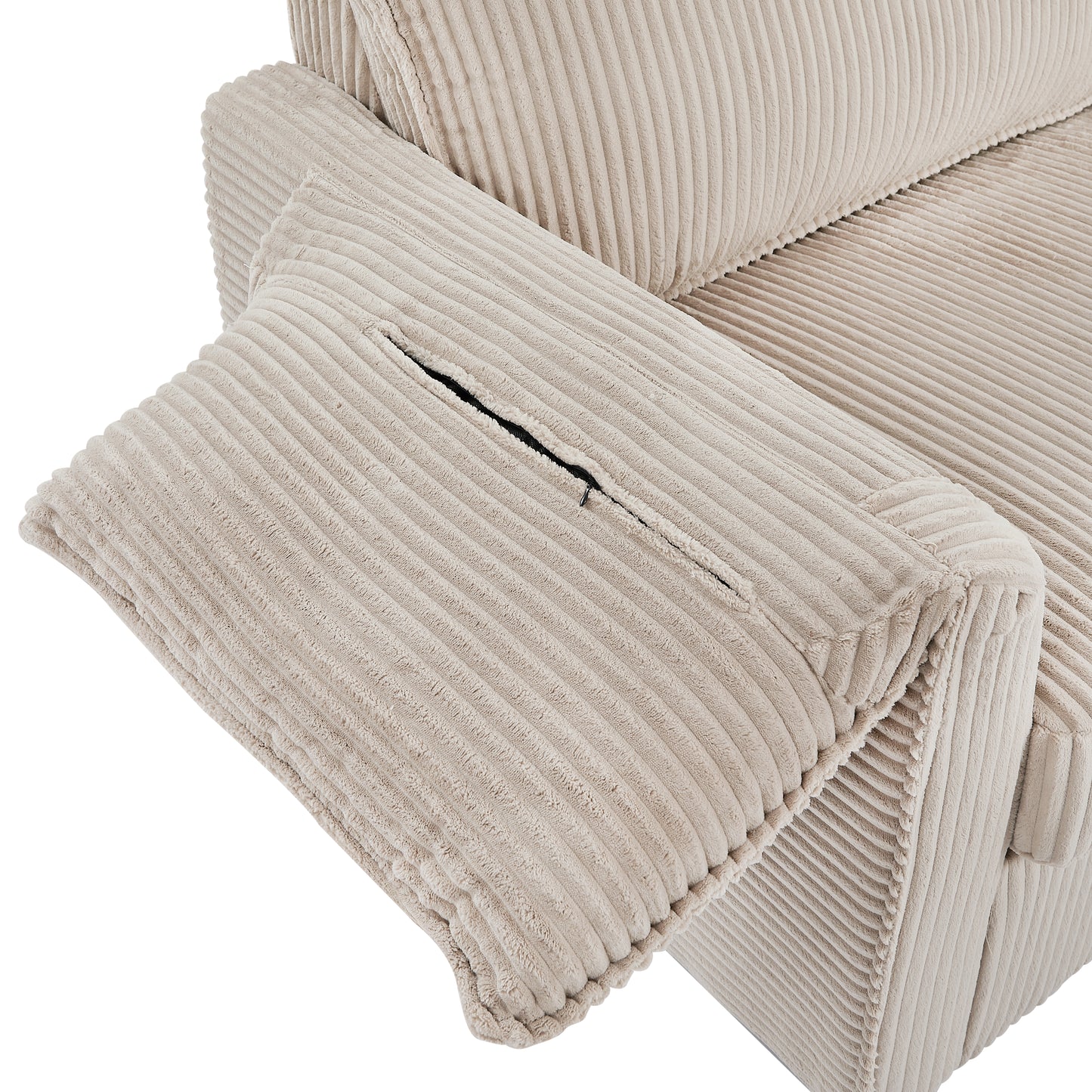 Closeup of a beige corduroy armchair armrest with visible seams and a zipper pocket
