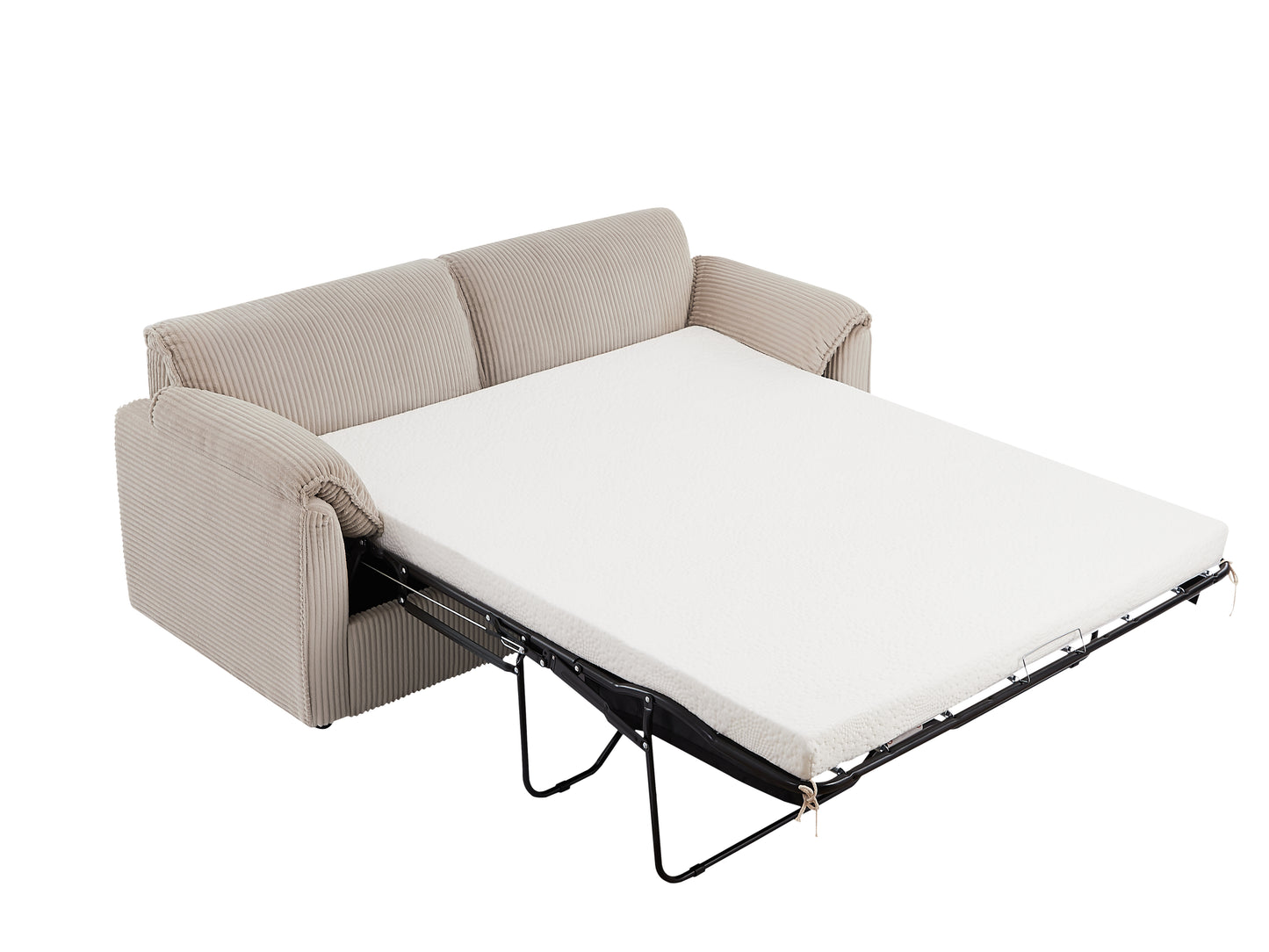Beige corduroy sofa bed extended with white mattress