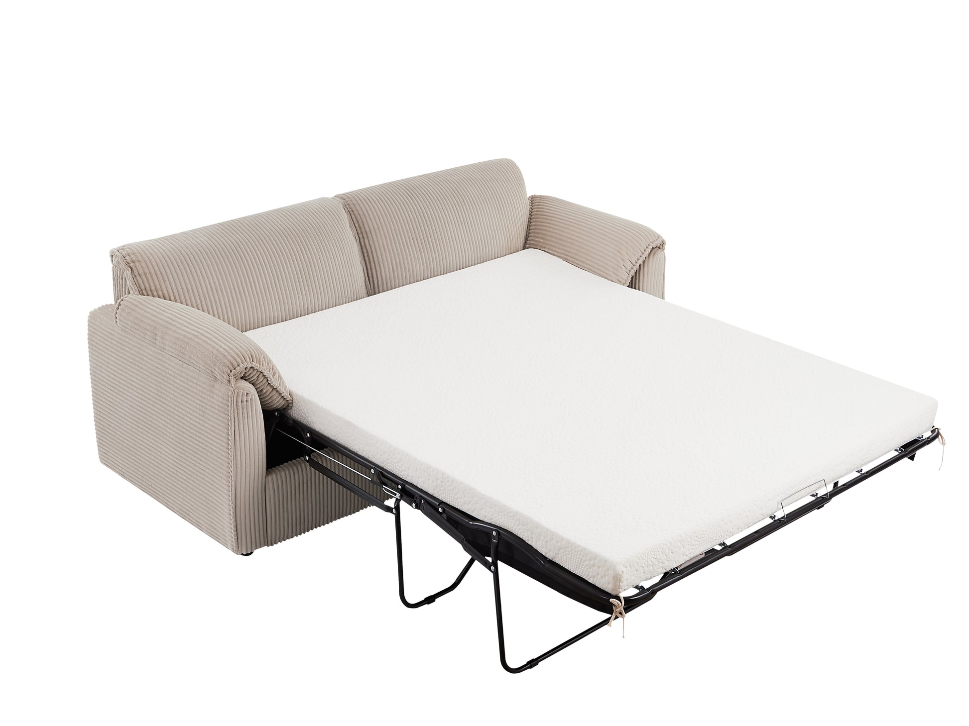 Beige corduroy sofa bed extended with white mattress